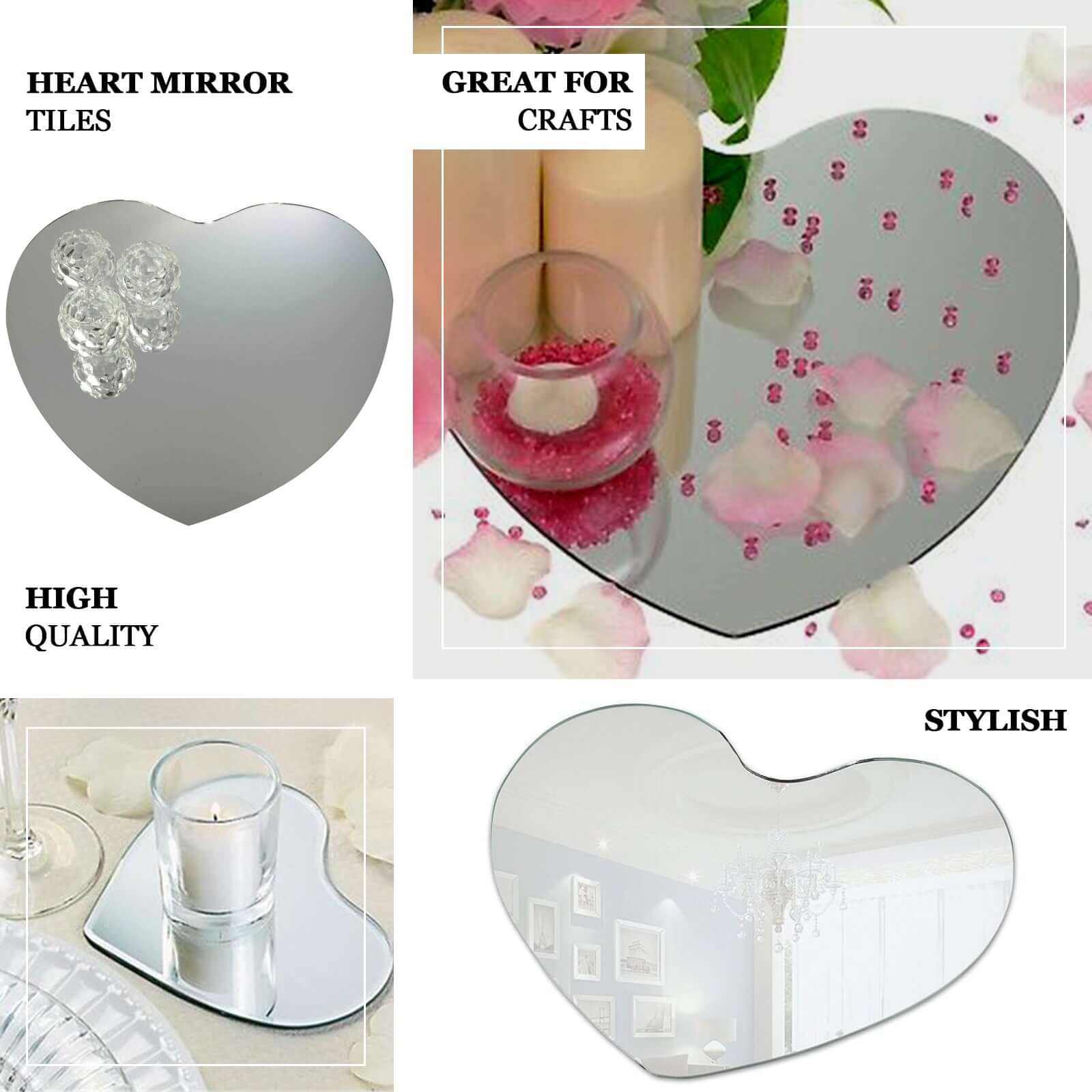 6 - Pack Hanging Wall Decor Heart Glass Mirror Table Centerpiece - Reflective Decorative Display 10" - NestOCart