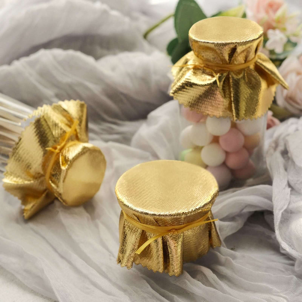 6 - Pack Jar Covers Metallic Gold Round Lame Fabric Design with Satin Tie String - DIY Party Favors & Craft Supplies 6" - Bell Racket Store