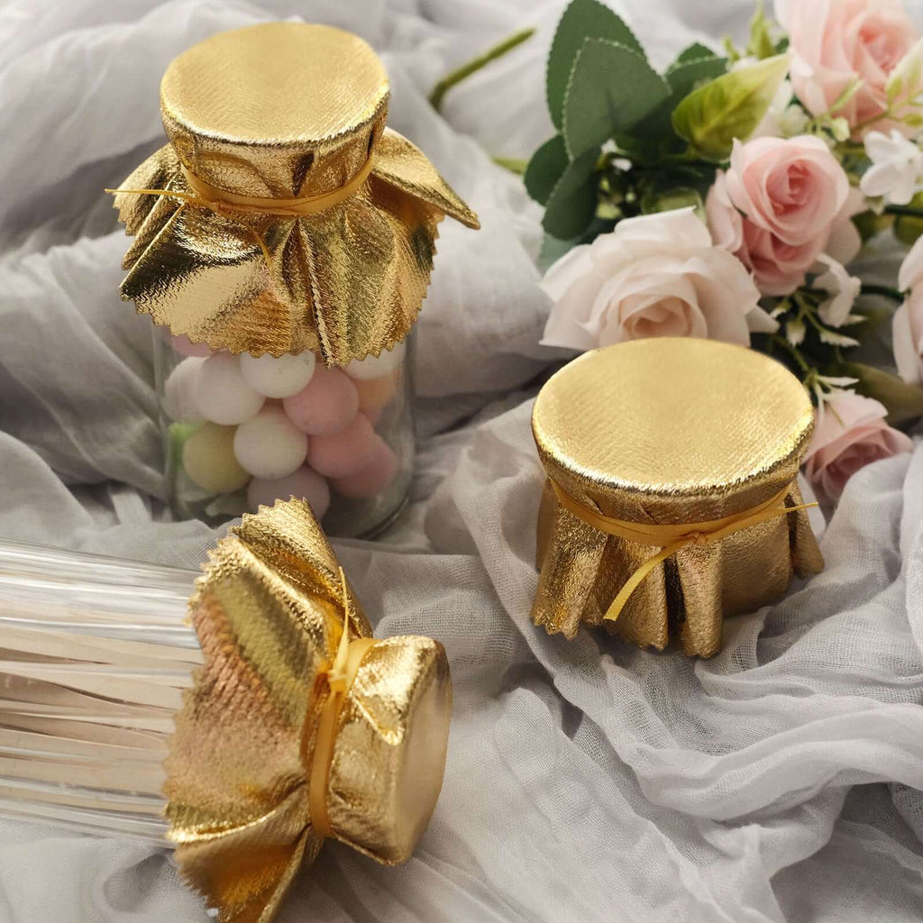 6 - Pack Jar Covers Metallic Gold Round Lame Fabric Design with Satin Tie String - DIY Party Favors & Craft Supplies 6" - Bell Racket Store