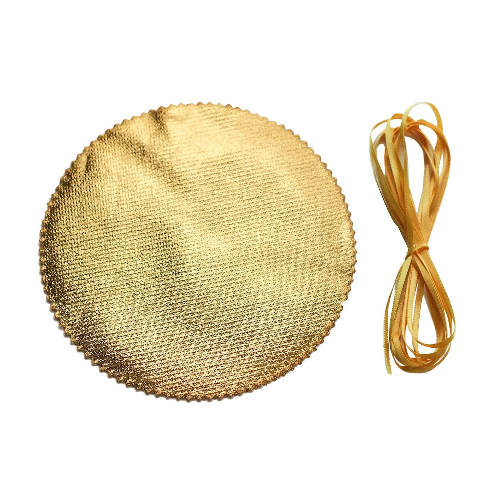 6 - Pack Jar Covers Metallic Gold Round Lame Fabric Design with Satin Tie String - DIY Party Favors & Craft Supplies 6" - Bell Racket Store