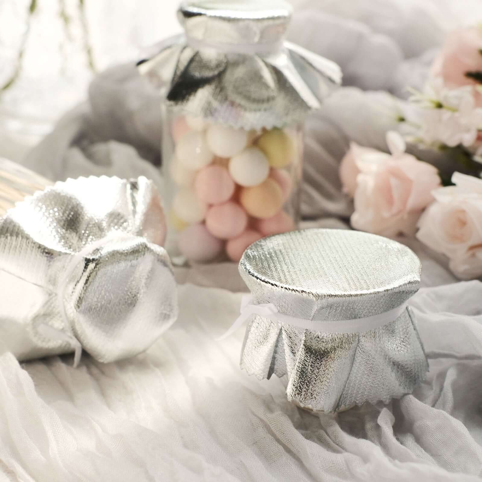 6 - Pack Jar Covers Metallic Silver Round Lame Fabric Design with Satin Tie String - DIY Party Favors & Craft Supplies 6" - Bell Racket Store