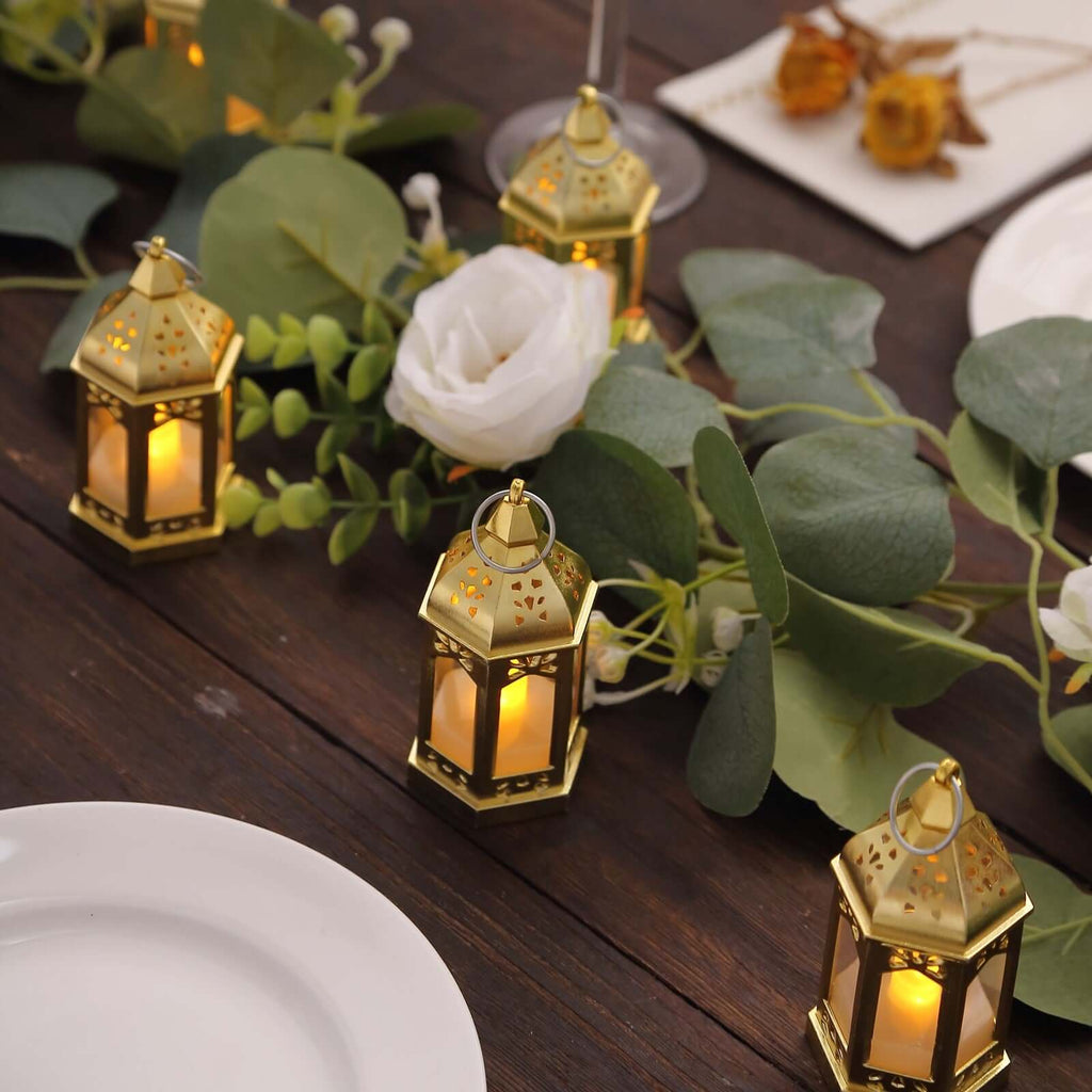 6 - Pack LED Tealights Warm White Moroccan Style Gold - Battery Operated Mini Lantern Candle Lamp Centerpieces 3.5" - Bell Racket Store