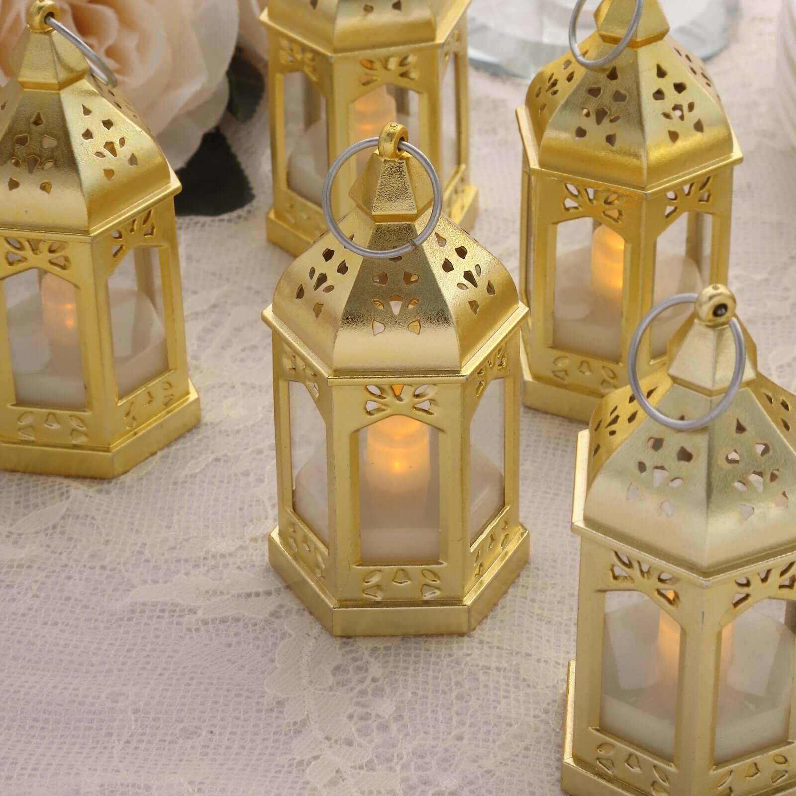 6 - Pack LED Tealights Warm White Moroccan Style Gold - Battery Operated Mini Lantern Candle Lamp Centerpieces 3.5" - Bell Racket Store