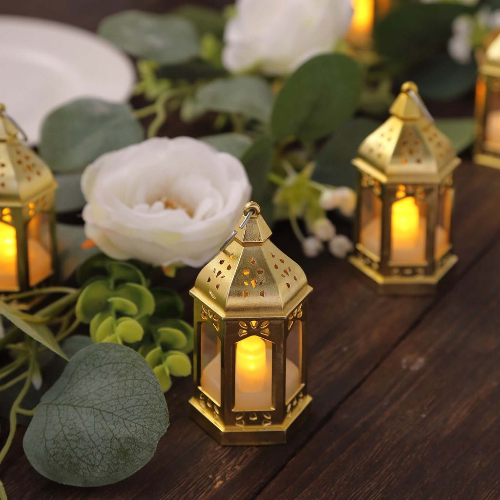 6 - Pack LED Tealights Warm White Moroccan Style Gold - Battery Operated Mini Lantern Candle Lamp Centerpieces 3.5" - Bell Racket Store