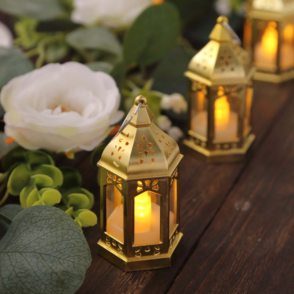 6 - Pack LED Tealights Warm White Moroccan Style Gold - Battery Operated Mini Lantern Candle Lamp Centerpieces 3.5" - Bell Racket Store