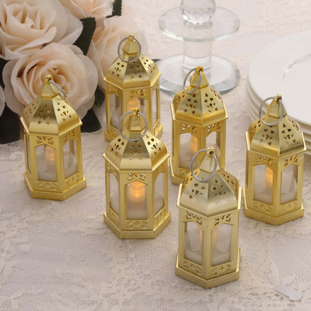 6 - Pack LED Tealights Warm White Moroccan Style Gold - Battery Operated Mini Lantern Candle Lamp Centerpieces 3.5" - Bell Racket Store