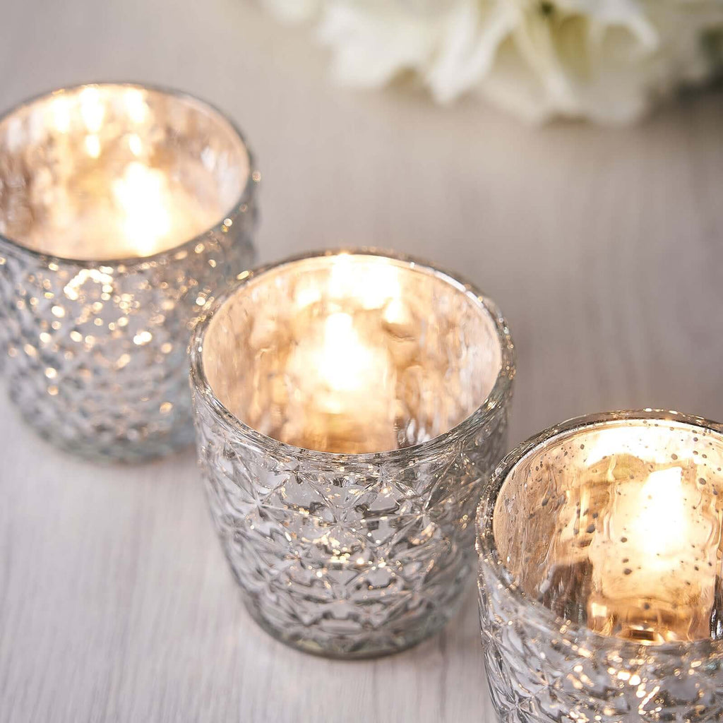 6-Pack Mercury Glass Votive Candle Holders Metallic Silver with Assorted Geometric Designs - Tealight Holders 3"