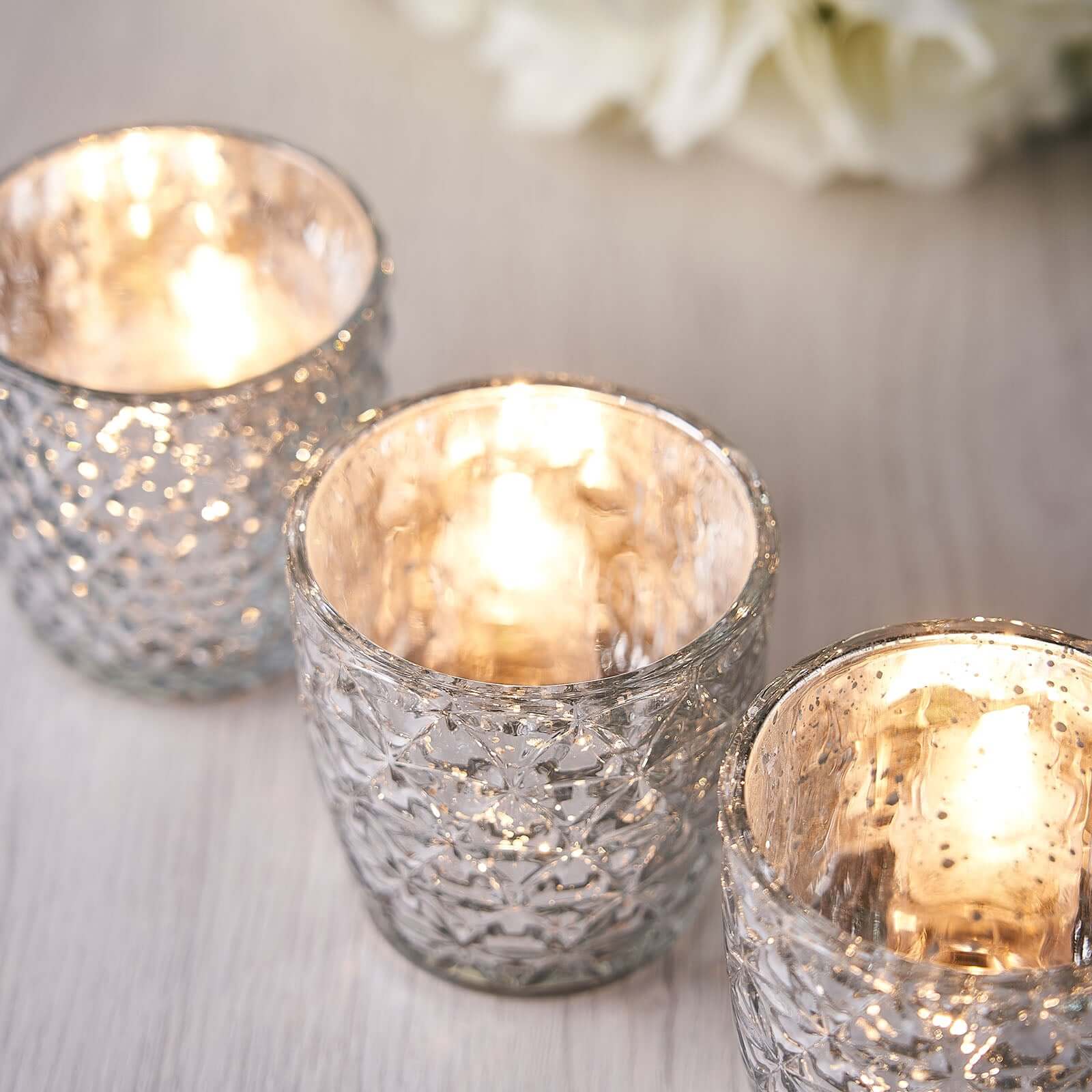 6-Pack Mercury Glass Votive Candle Holders Metallic Silver with Assorted Geometric Designs - Tealight Holders 3"