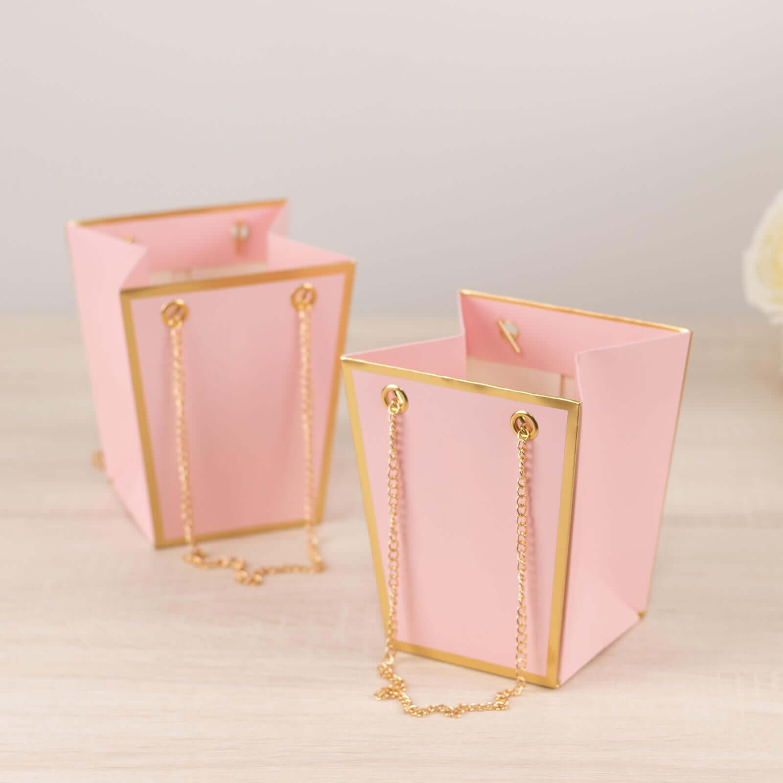6 Pack Pink Gold Edge Paper Flower Gift Bags With Metal Chain Handles, Trapezoid Party Favor Tote Bags - 5"x6" - Bell Racket Store