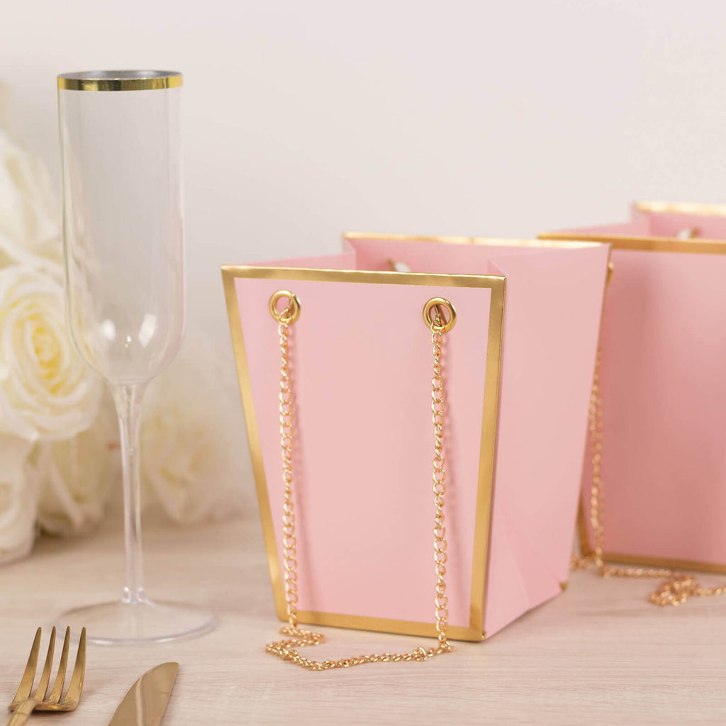 6 Pack Pink Gold Edge Paper Flower Gift Bags With Metal Chain Handles, Trapezoid Party Favor Tote Bags - 5"x6" - Bell Racket Store