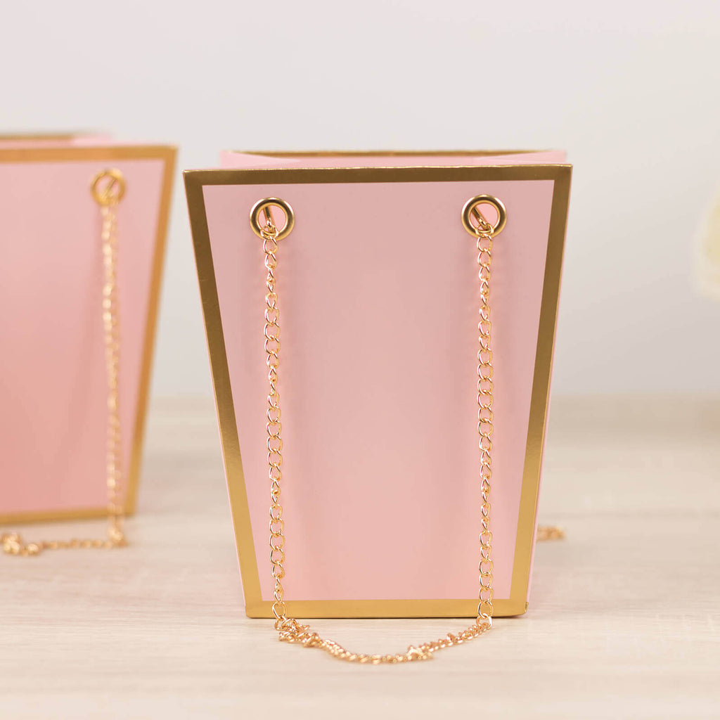 6 Pack Pink Gold Edge Paper Flower Gift Bags With Metal Chain Handles, Trapezoid Party Favor Tote Bags - 5"x6" - Bell Racket Store