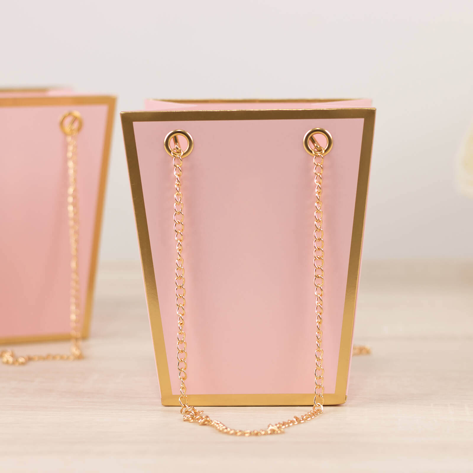 6 Pack Pink Gold Edge Paper Flower Gift Bags With Metal Chain Handles, Trapezoid Party Favor Tote Bags - 5"x6" - Bell Racket Store