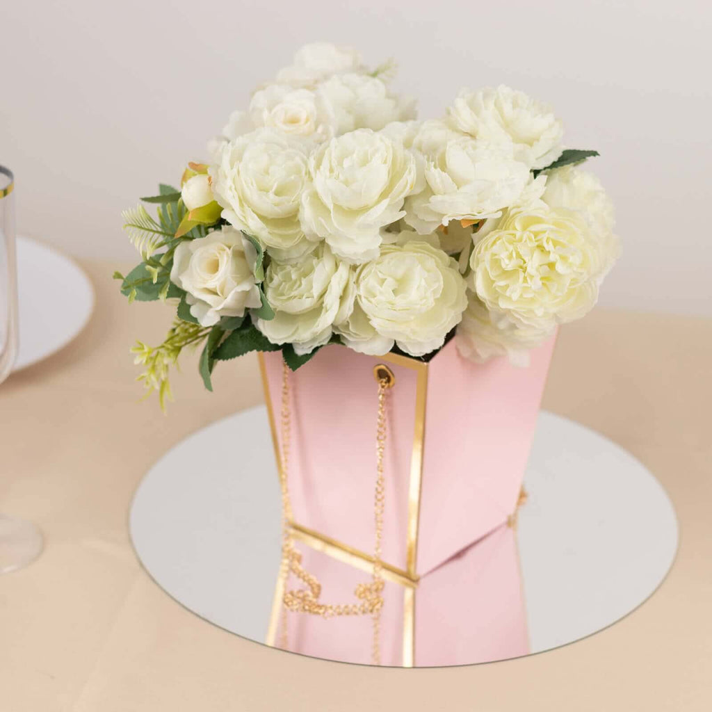 6 Pack Pink Gold Edge Paper Flower Gift Bags With Metal Chain Handles, Trapezoid Party Favor Tote Bags - 5"x6" - Bell Racket Store