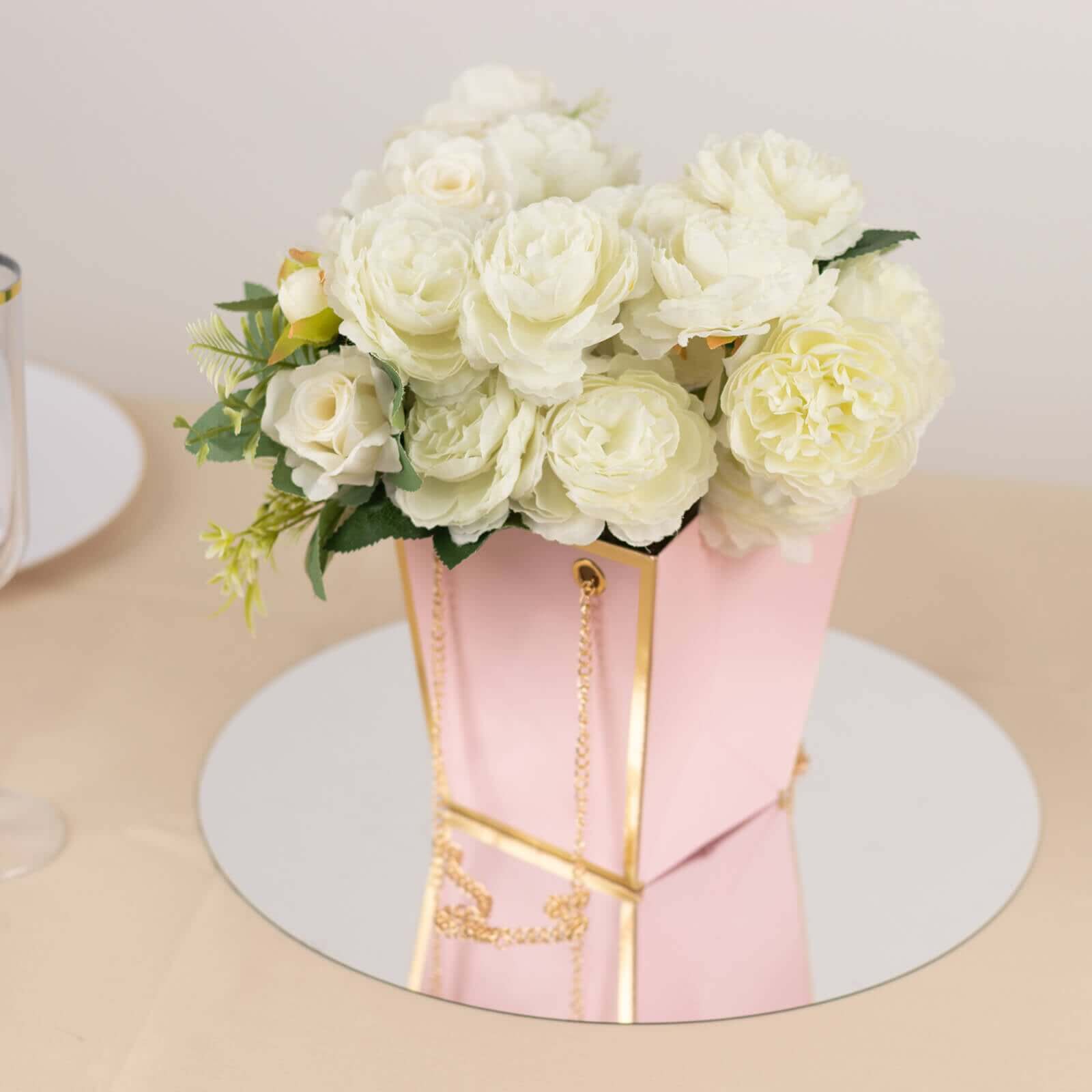 6 Pack Pink Gold Edge Paper Flower Gift Bags With Metal Chain Handles, Trapezoid Party Favor Tote Bags - 5"x6" - Bell Racket Store