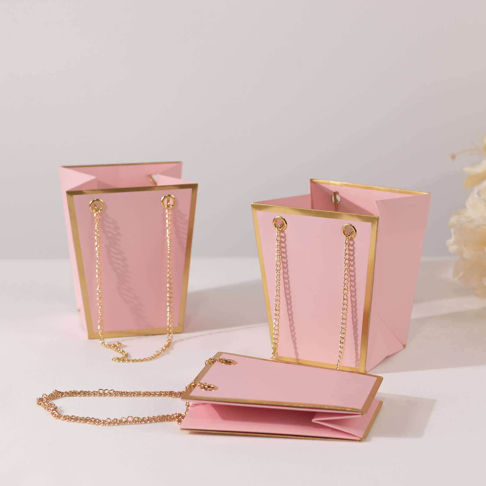 6 Pack Pink Gold Edge Paper Flower Gift Bags With Metal Chain Handles, Trapezoid Party Favor Tote Bags - 5"x6" - Bell Racket Store
