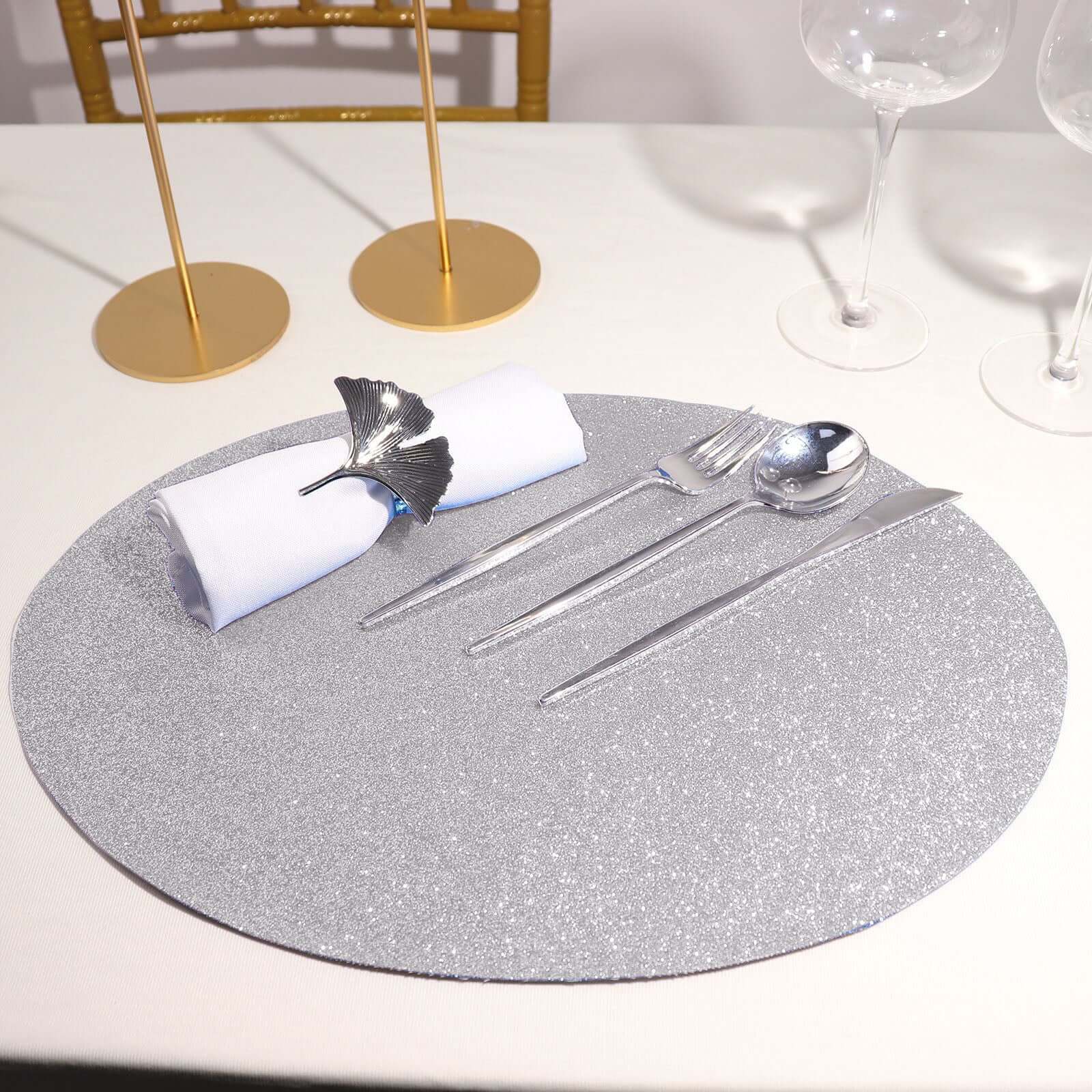 6-Pack Placemats Glitter Design Silver Sparkle Oval - Non-Slip Decorative Table Mats for Dining 12"x18"