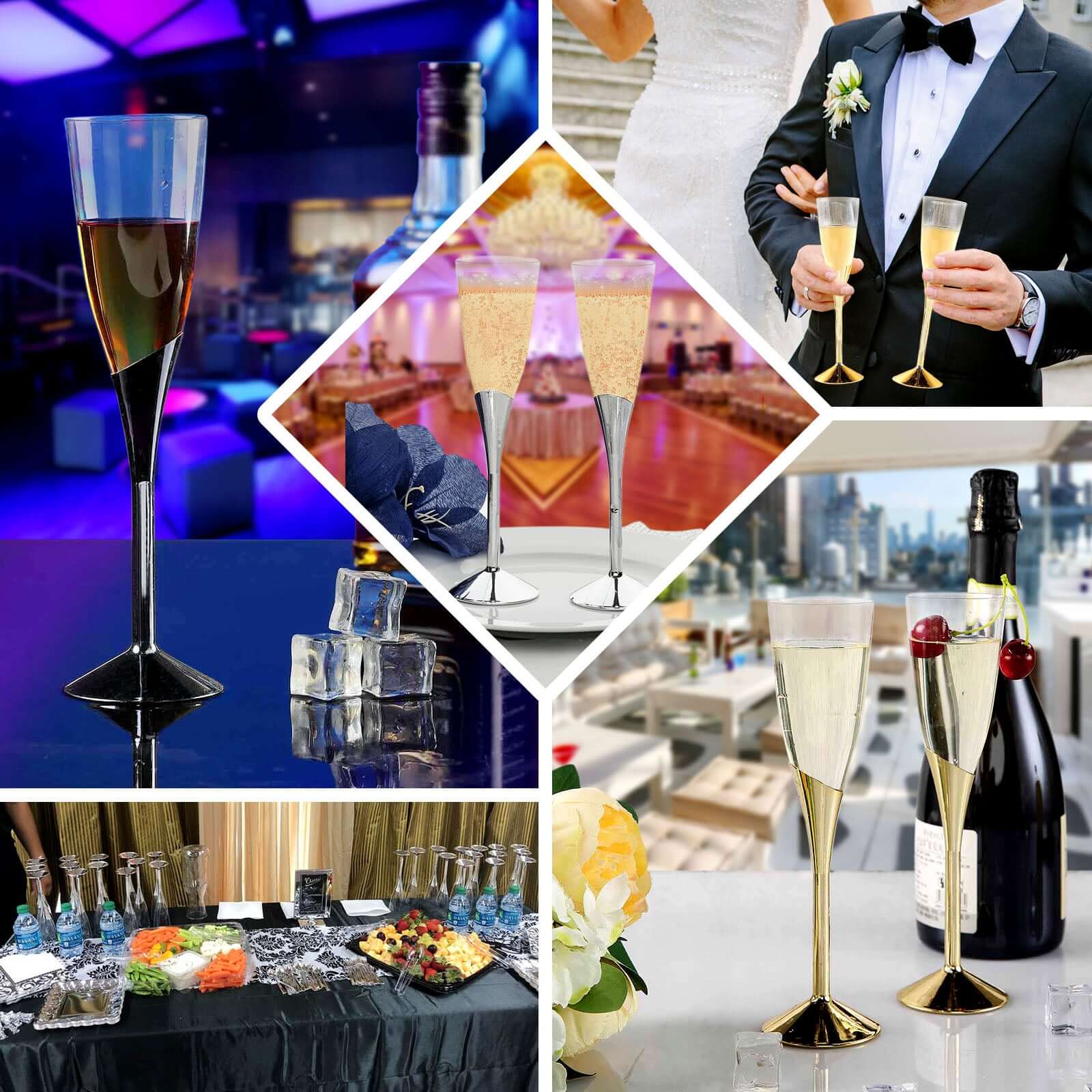 6 - Pack Plastic Champagne Flutes Clear/Silver - Stylish Disposable Glasses for Toasts 5oz - NestOCart