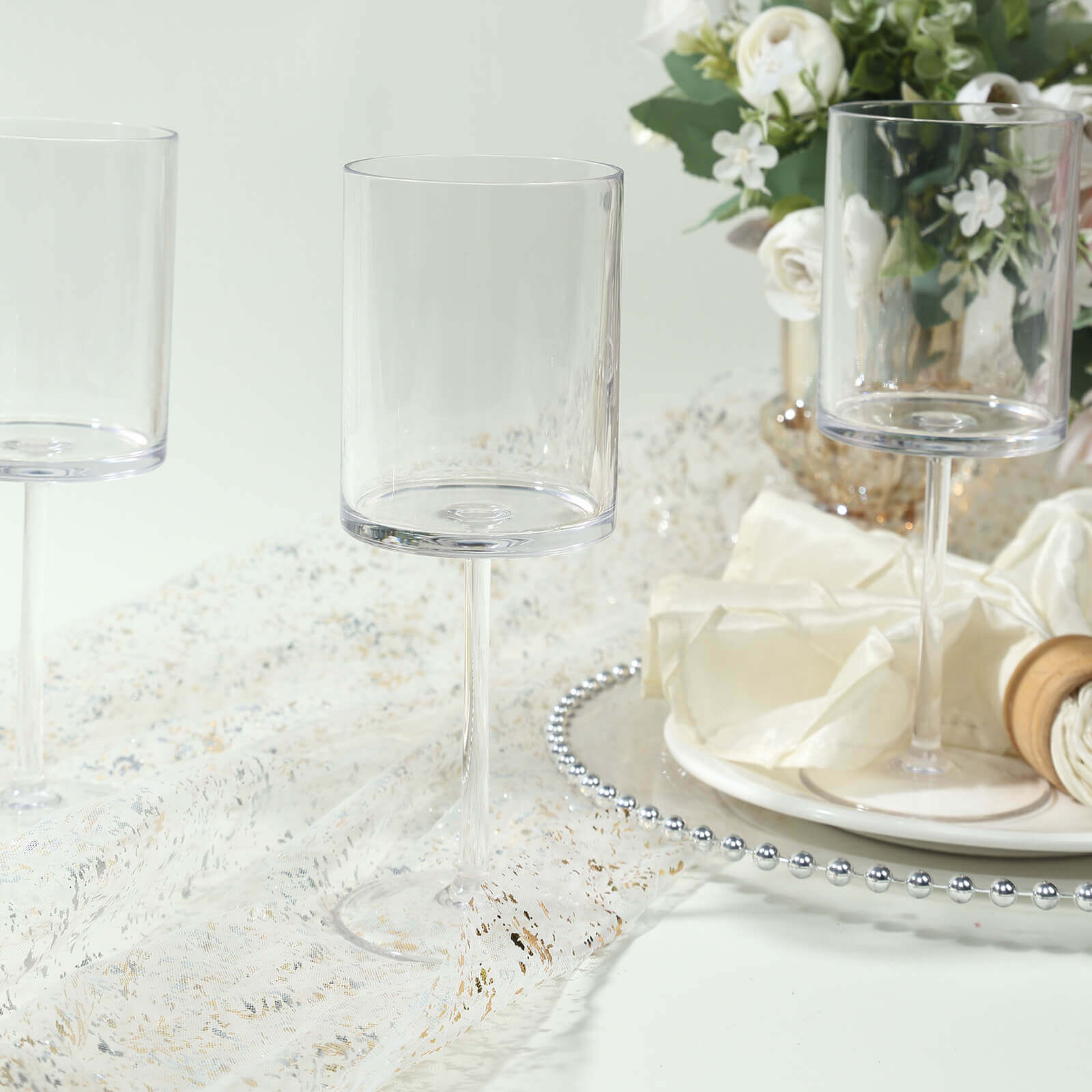 6 - Pack Plastic Cocktail Glasses Clear Cylindrical Long Stem - Shatterproof Tumblers 10oz - Bell Racket Store