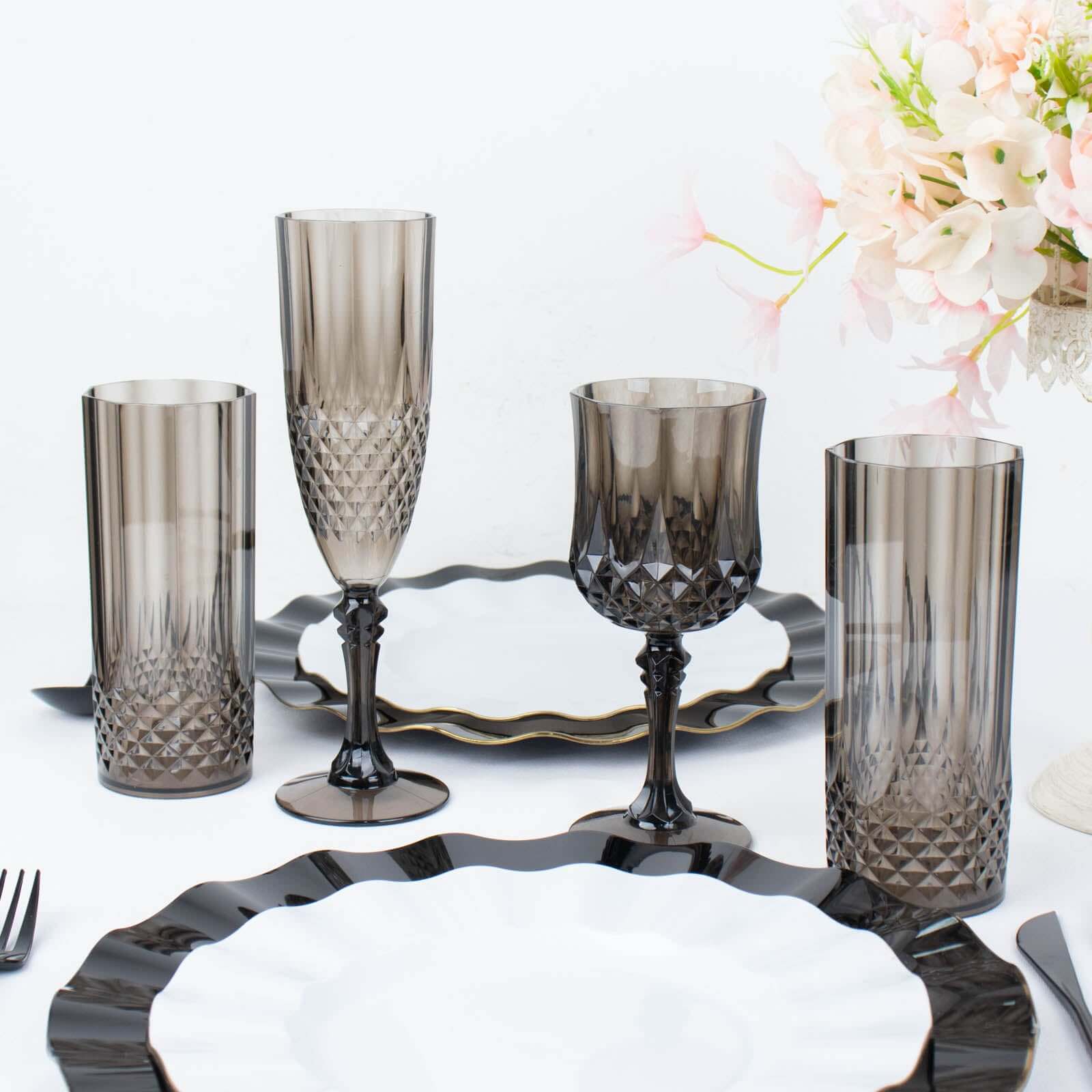 6 - Pack Plastic Cocktail Goblets Black Transparent Crystal Cut - Shatterproof Drinkware 8oz - Bell Racket Store