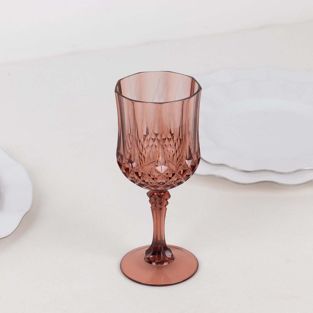 6 - Pack Plastic Cocktail Goblets Dusty Rose Transparent Crystal Cut - Shatterproof Drinkware 8oz - Bell Racket Store