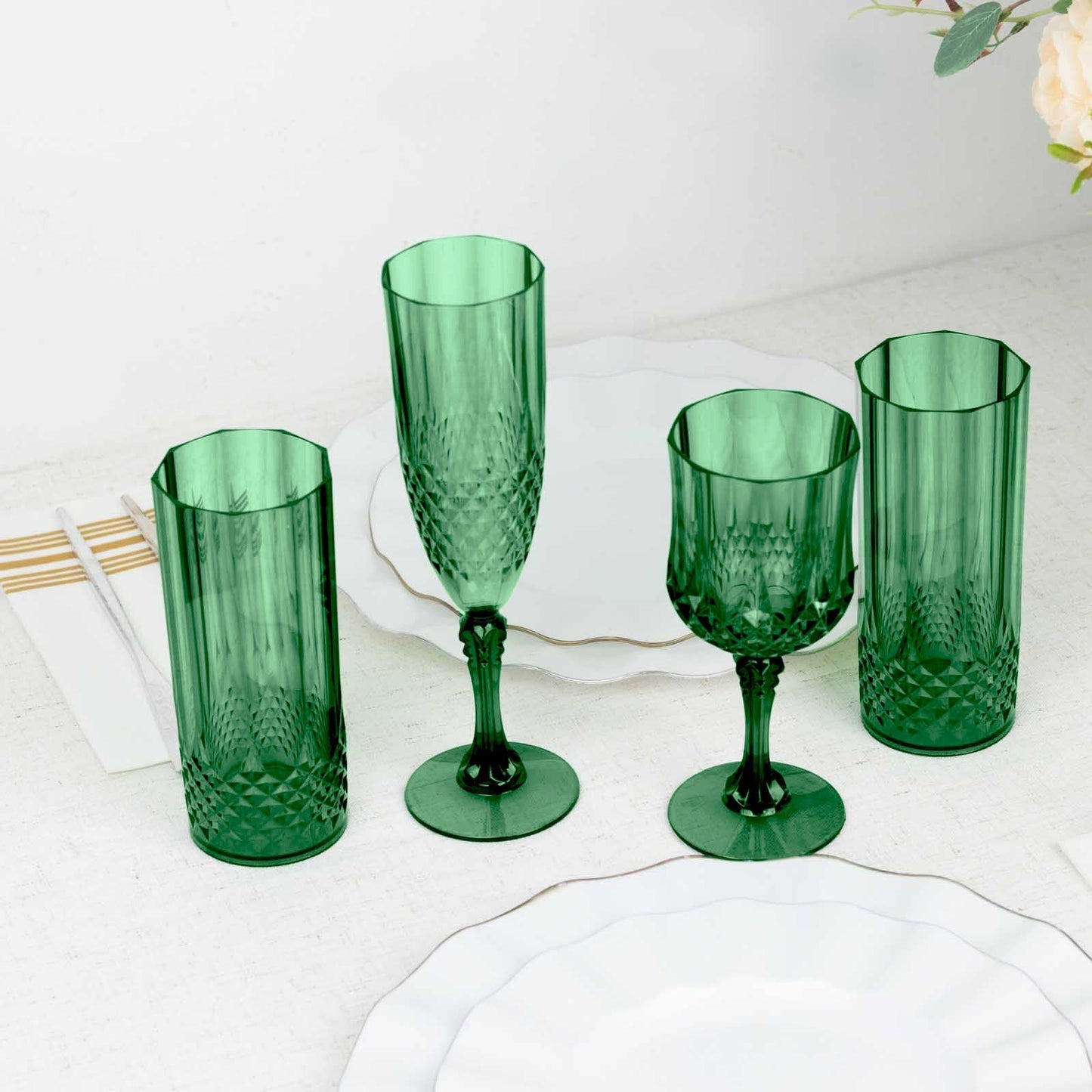 6 - Pack Plastic Cocktail Goblets Hunter Emerald Green Transparent Crystal Cut - Shatterproof Drinkware 8oz - Bell Racket Store