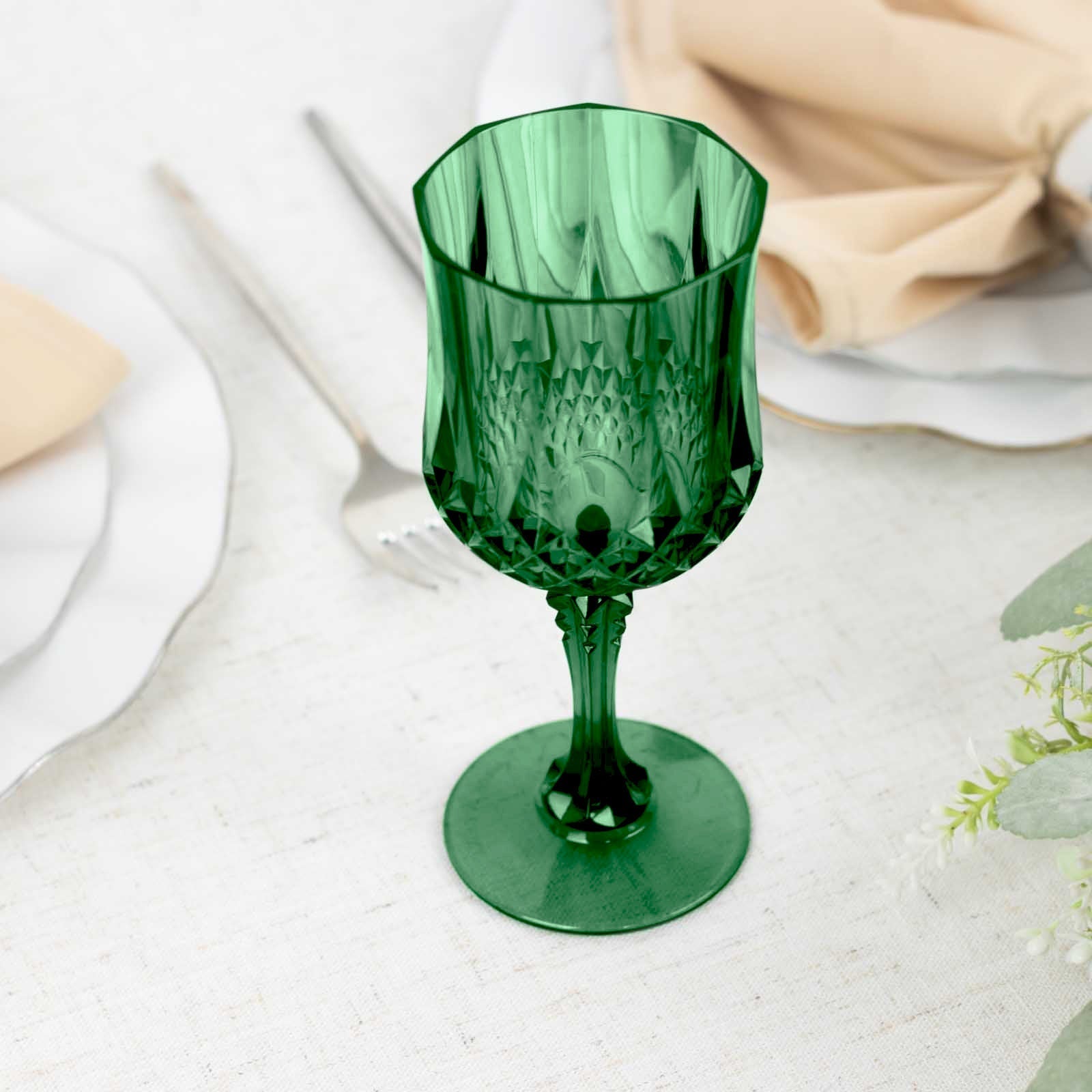 6 - Pack Plastic Cocktail Goblets Hunter Emerald Green Transparent Crystal Cut - Shatterproof Drinkware 8oz - Bell Racket Store