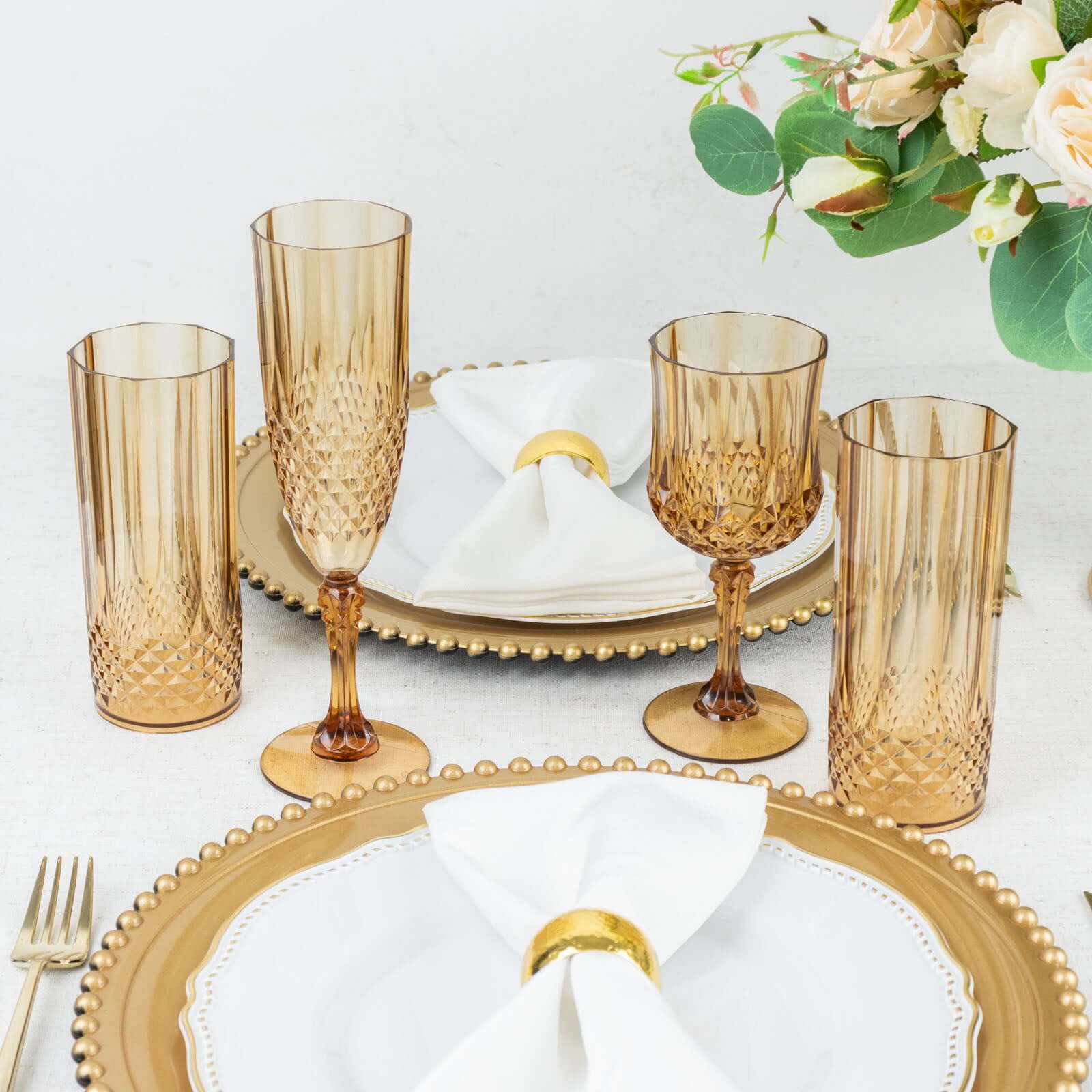 6 - Pack Plastic Cocktail Tumblers Amber Gold Transparent Crystal Cut Style - Shatterproof Highball Glasses 14oz - Bell Racket Store