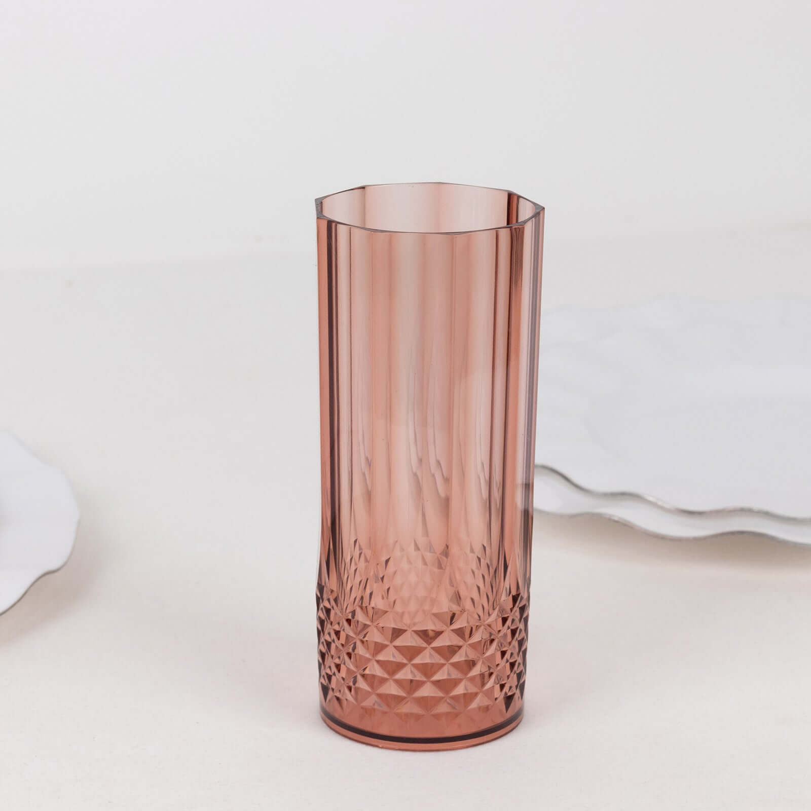 6 - Pack Plastic Cocktail Tumblers Dusty Rose Transparent Crystal Cut Style - Shatterproof Highball Glasses 14oz - Bell Racket Store