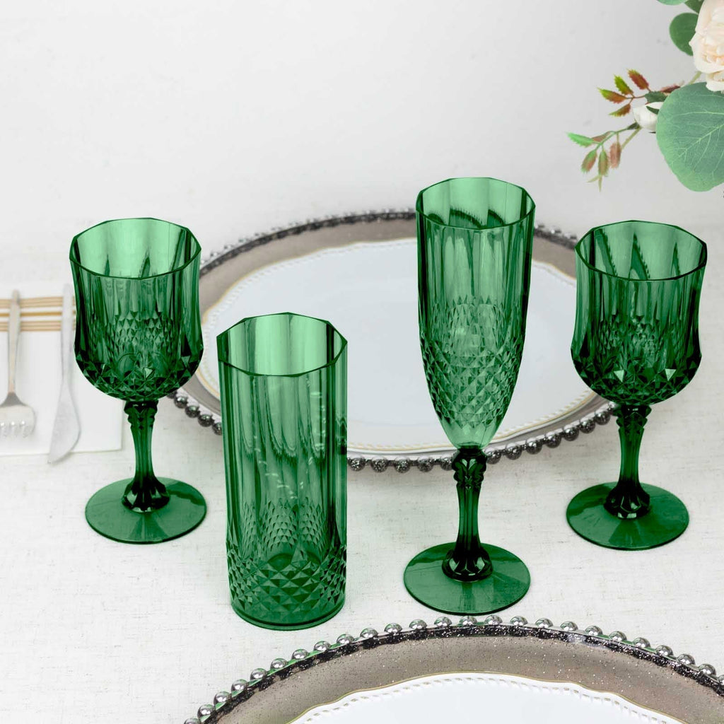6 - Pack Plastic Cocktail Tumblers Hunter Emerald Green Transparent Crystal Cut Style - Shatterproof Highball Glasses 14oz - Bell Racket Store