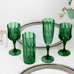 6 - Pack Plastic Cocktail Tumblers Hunter Emerald Green Transparent Crystal Cut Style - Shatterproof Highball Glasses 14oz - Bell Racket Store