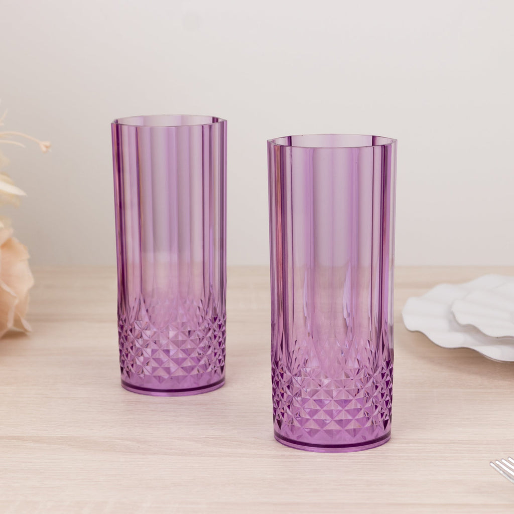 6 - Pack Plastic Cocktail Tumblers Purple Transparent Crystal Cut Style - Shatterproof Highball Glasses 14oz - Bell Racket Store