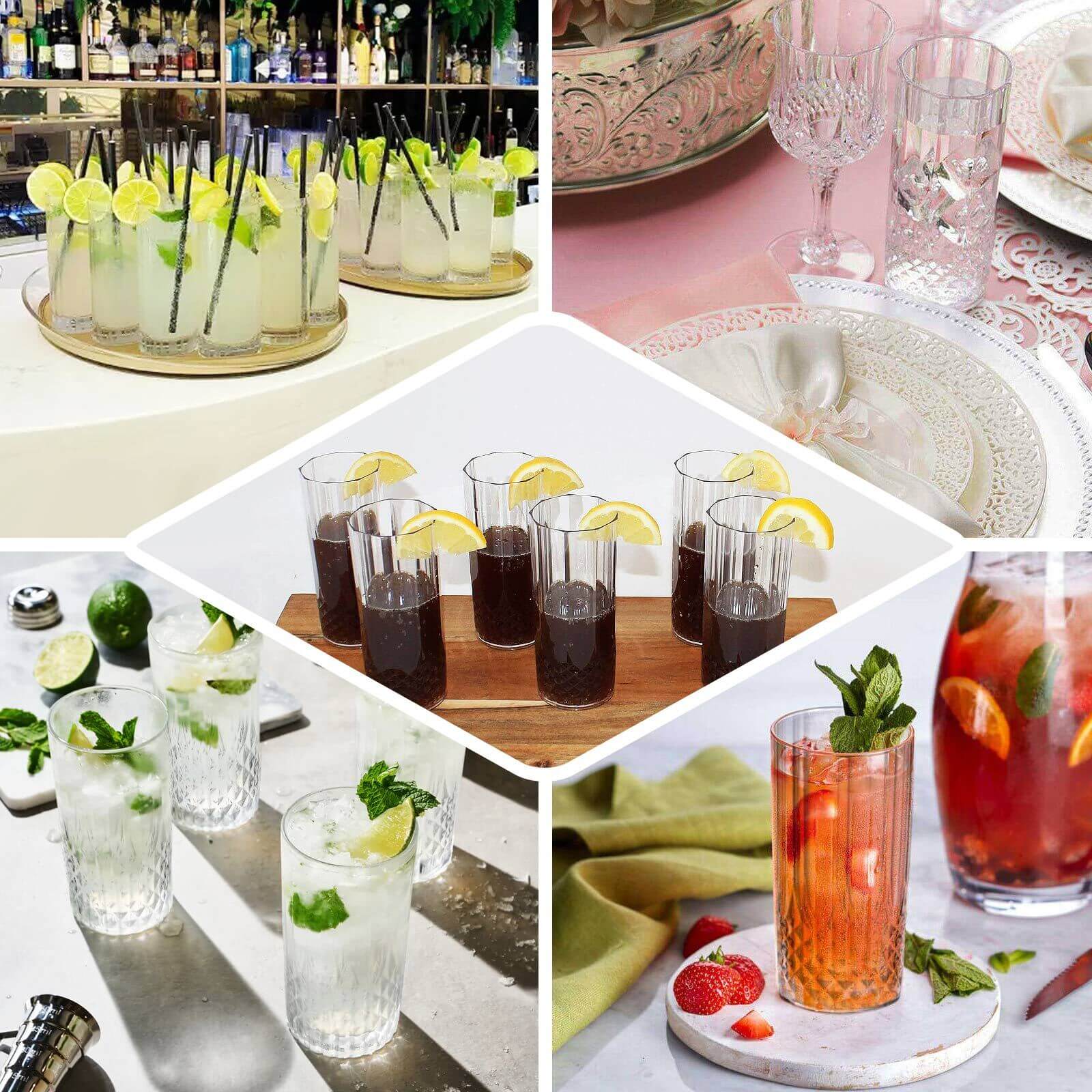 6 - Pack Plastic Cocktail Tumblers Transparent Blush Crystal Cut Style - Shatterproof Highball Glasses 14oz - Bell Racket Store