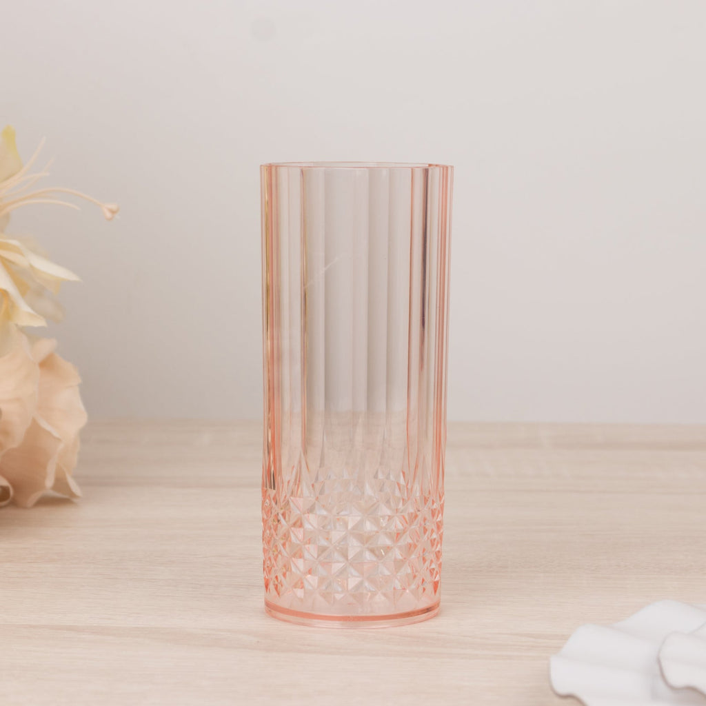 6 - Pack Plastic Cocktail Tumblers Transparent Blush Crystal Cut Style - Shatterproof Highball Glasses 14oz - Bell Racket Store