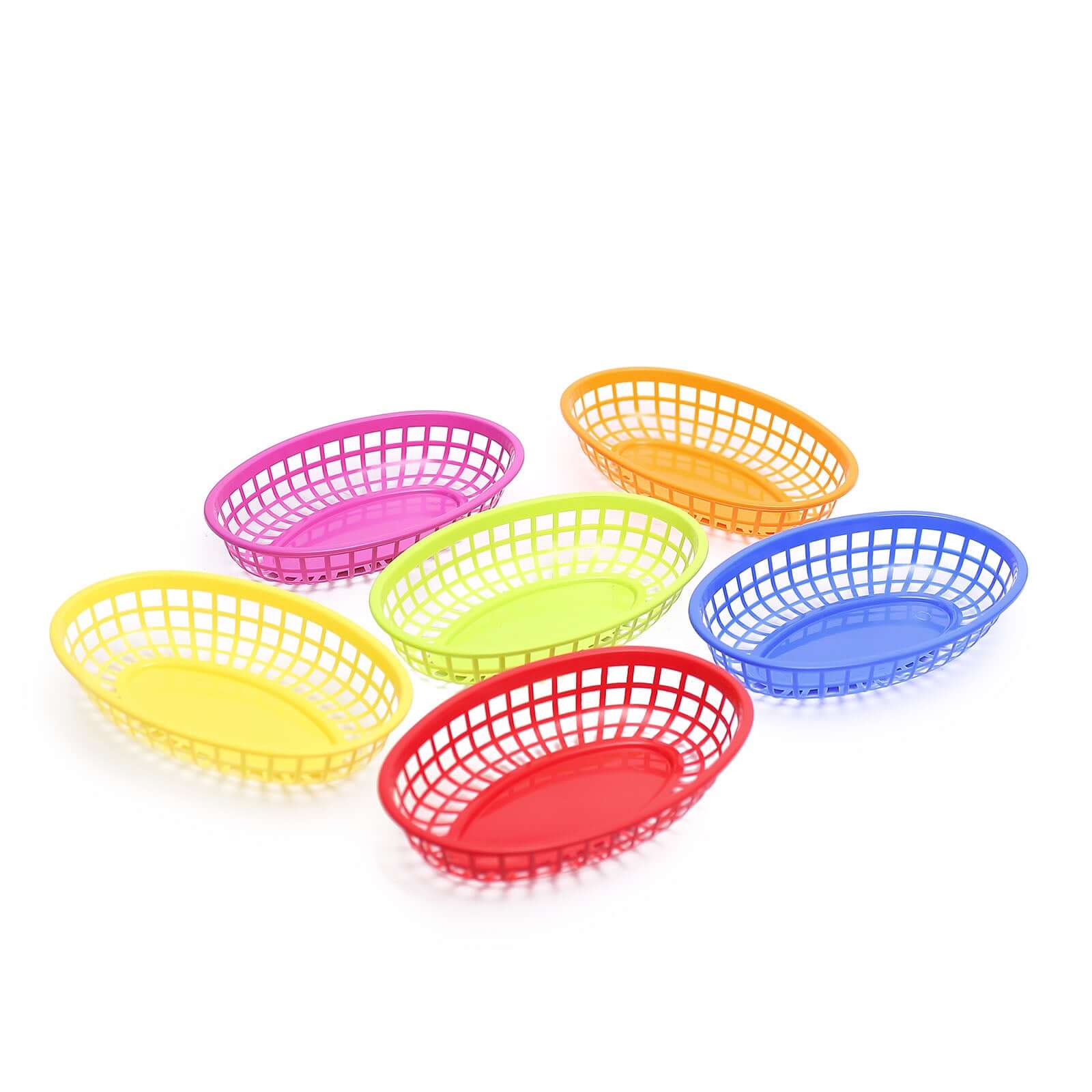 6 - Pack Plastic Food Baskets with 50 Wax Paper Liners Assorted Colors - Durable Oval Deli Serving Trays - Bell Racket Store