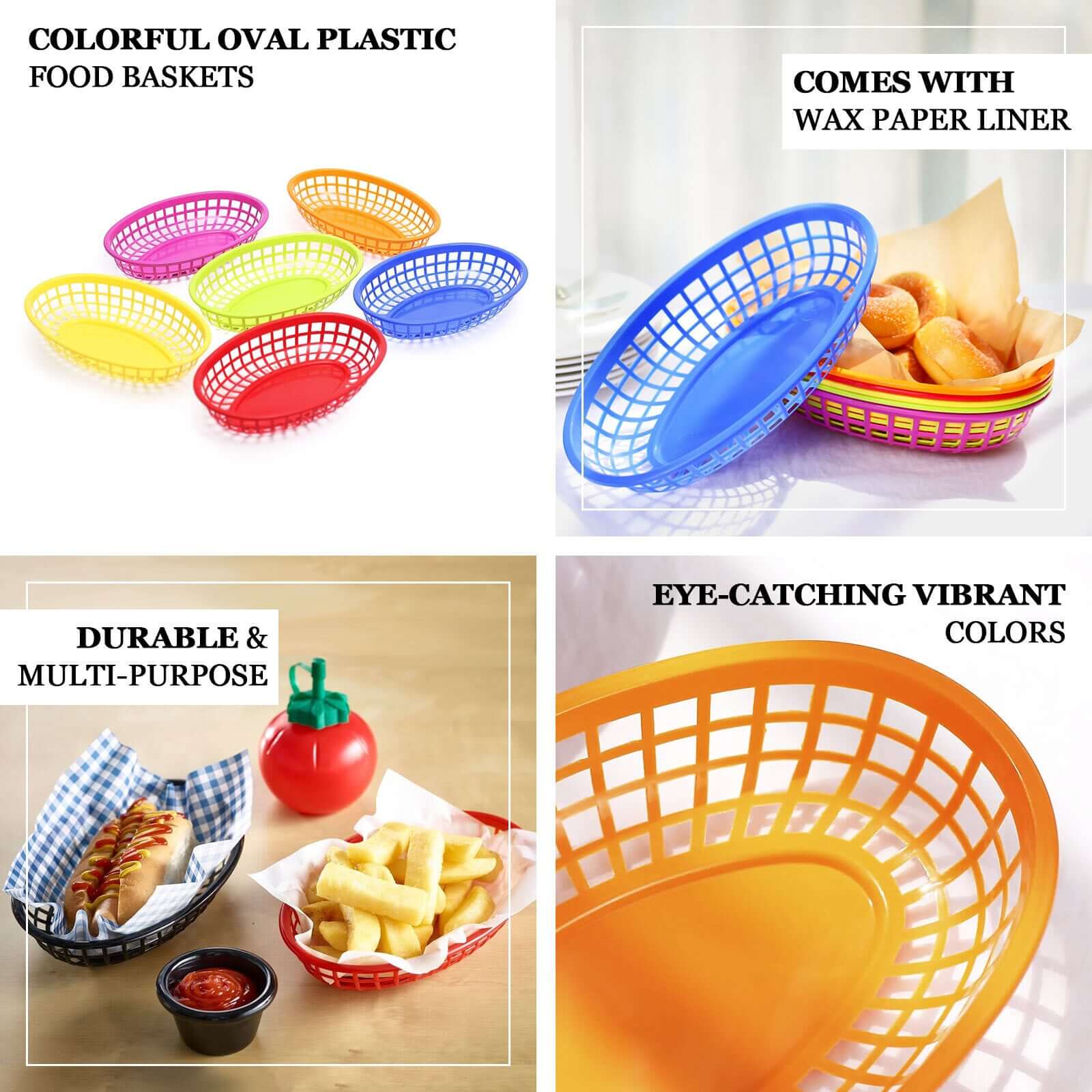 6 - Pack Plastic Food Baskets with 50 Wax Paper Liners Assorted Colors - Durable Oval Deli Serving Trays - Bell Racket Store