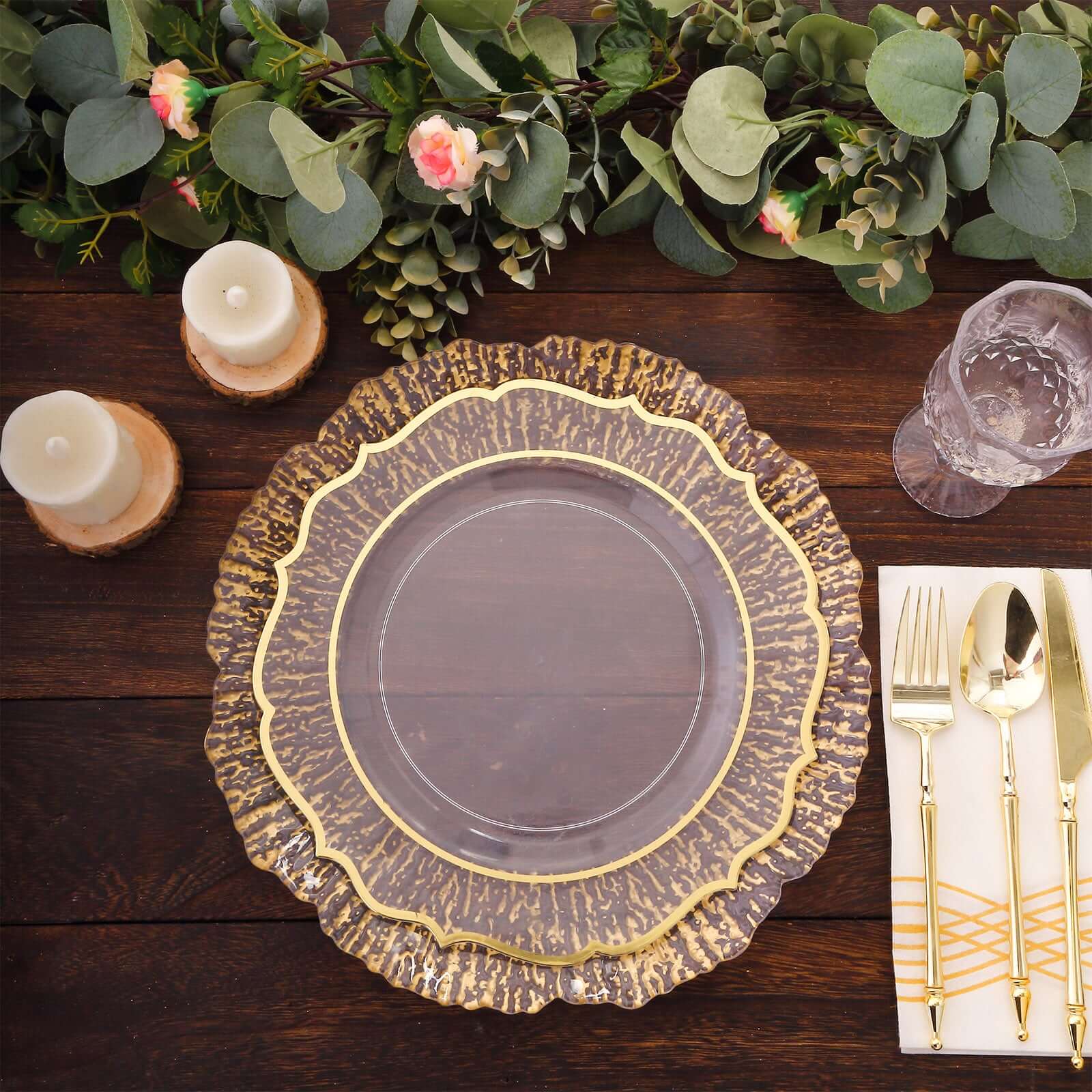 6 - Pack Plastic Round Charger Plates 12" in Clear with Gold Brushed Scalloped Reef Rim, Decorative Dinner Party Serving Plates - Bell Racket Store