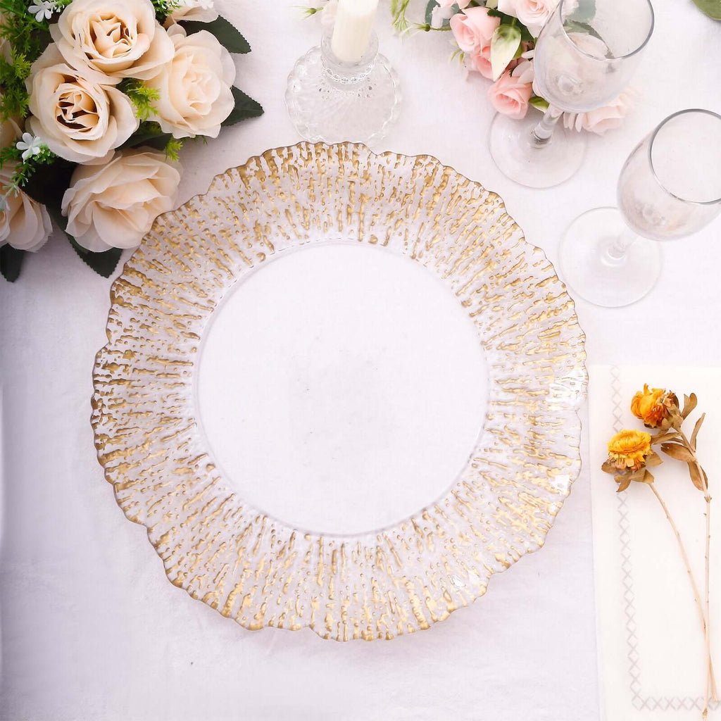6 - Pack Plastic Round Charger Plates 12" in Clear with Gold Brushed Scalloped Reef Rim, Decorative Dinner Party Serving Plates - Bell Racket Store