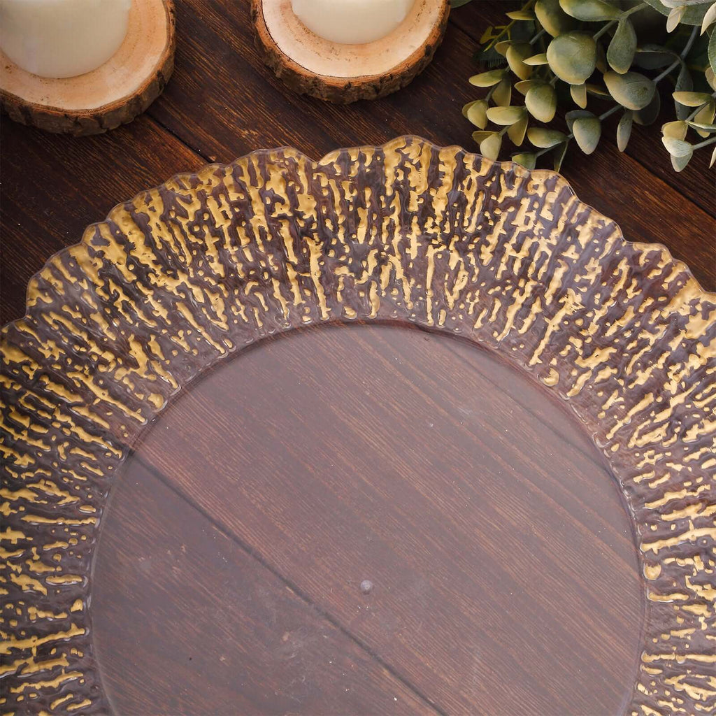 6 - Pack Plastic Round Charger Plates 12" in Clear with Gold Brushed Scalloped Reef Rim, Decorative Dinner Party Serving Plates - Bell Racket Store