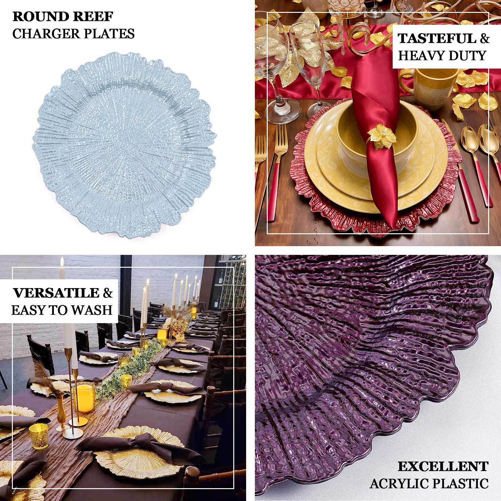 6 - Pack Plastic Round Charger Plates 12" in Clear with Gold Brushed Scalloped Reef Rim, Decorative Dinner Party Serving Plates - Bell Racket Store