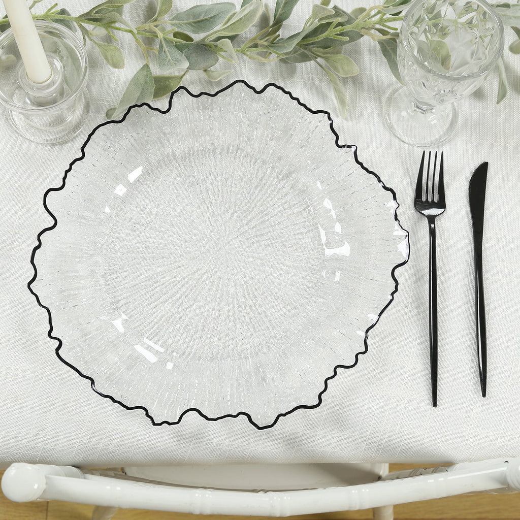 6 - Pack Plastic Round Charger Plates 13" in Clear Reef Design with Black Rim, Decorative Dinner Party Serving Plates - Bell Racket Store