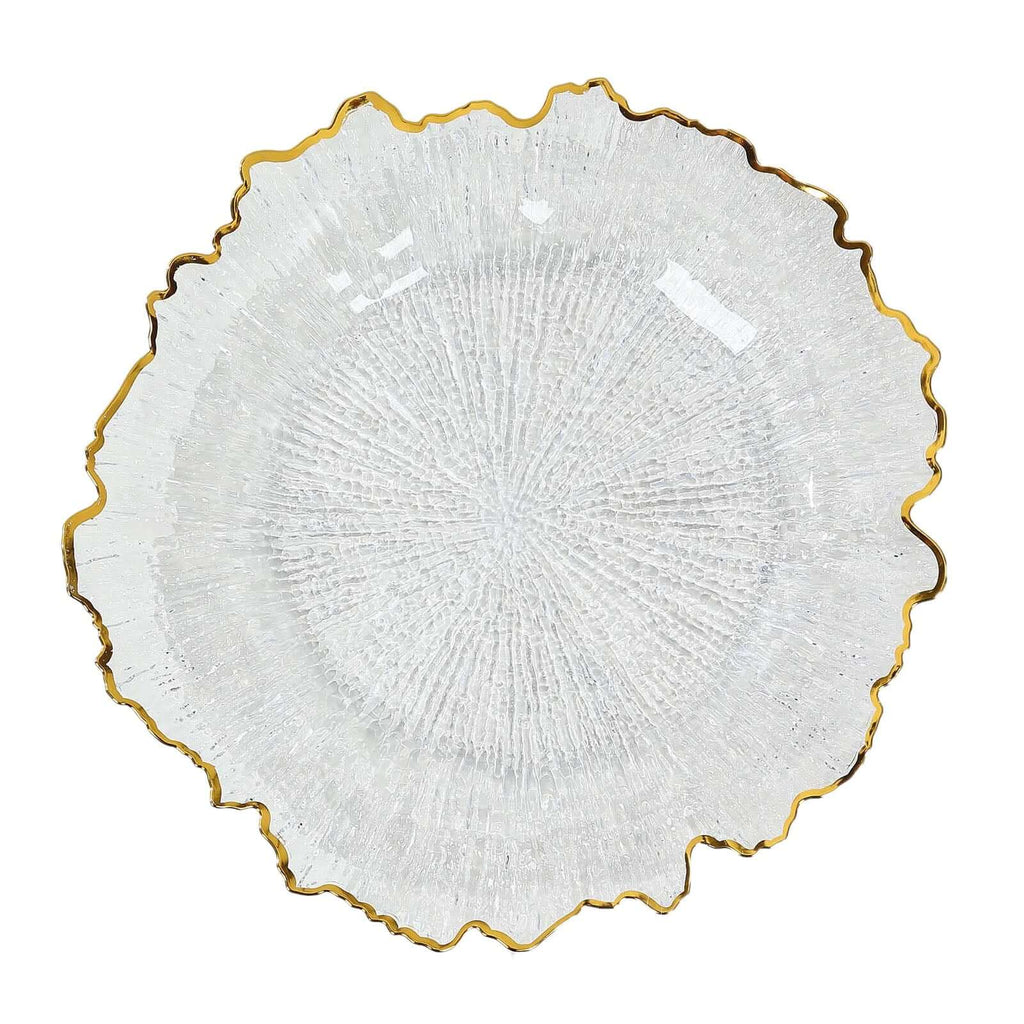 6 - Pack Plastic Round Charger Plates 13" in Clear Reef Design with Gold Rim, Decorative Dinner Party Serving Plates - Bell Racket Store