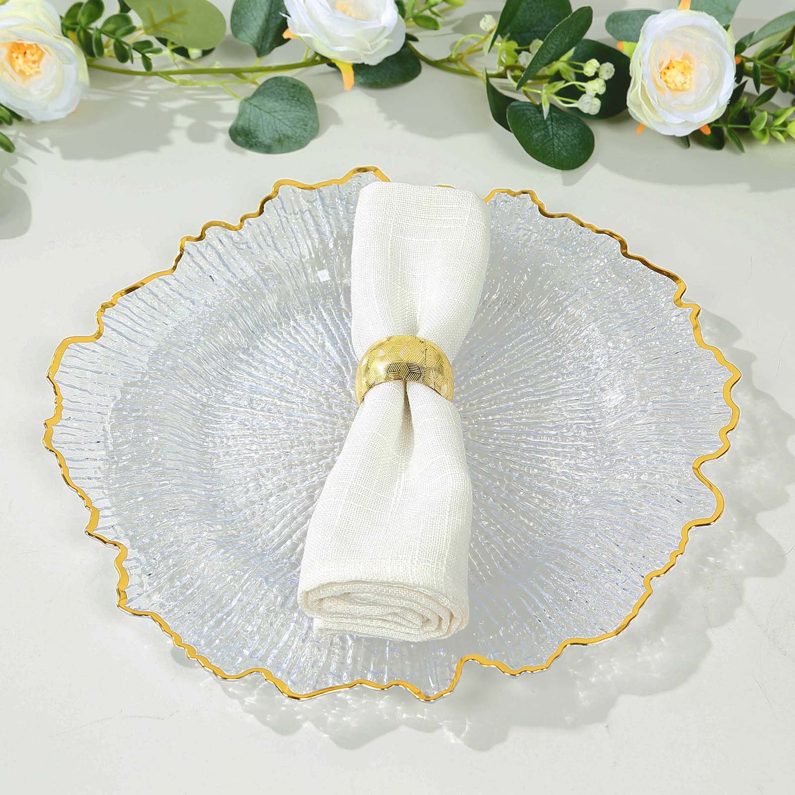 6 - Pack Plastic Round Charger Plates 13" in Clear Reef Design with Gold Rim, Decorative Dinner Party Serving Plates - Bell Racket Store