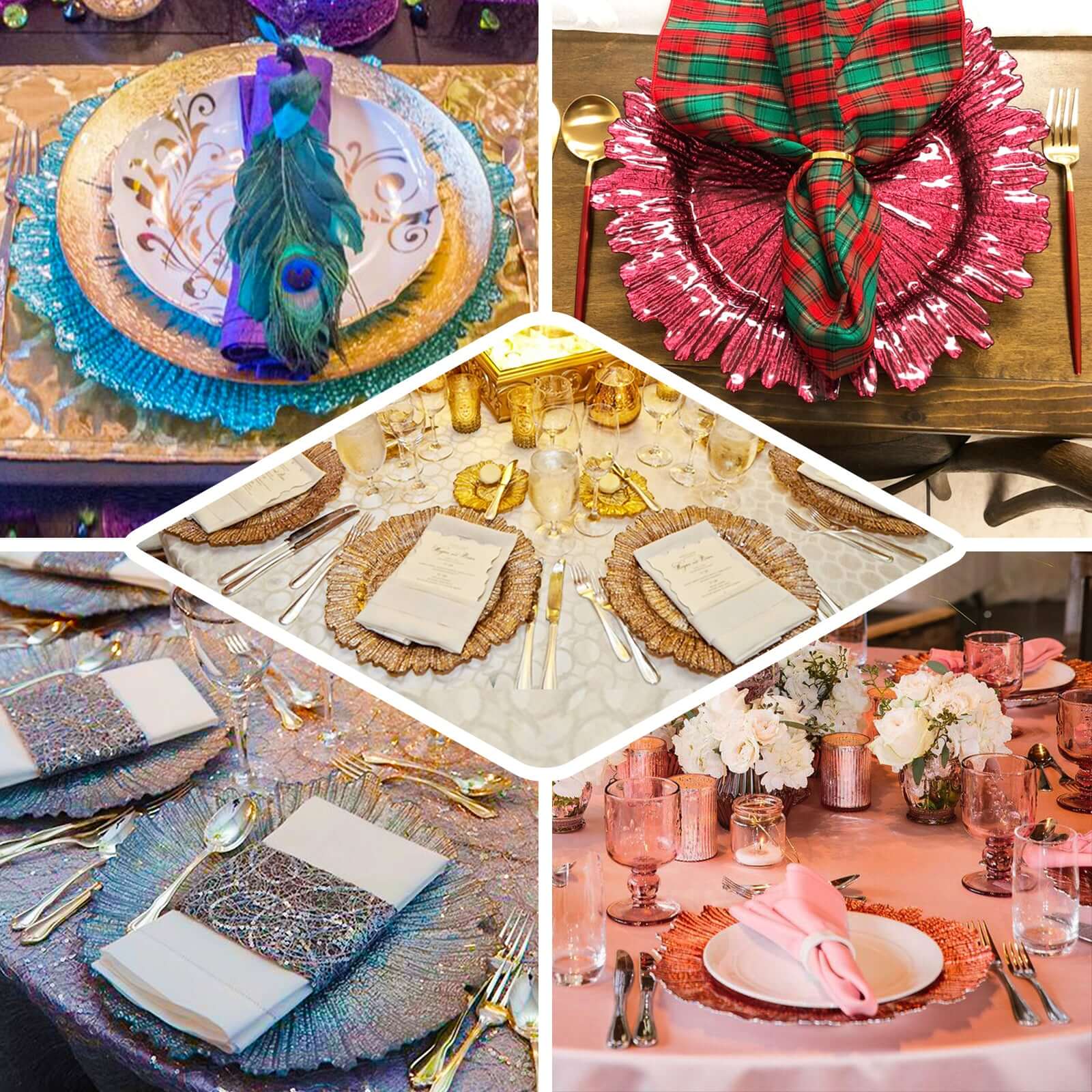 6 - Pack Plastic Round Charger Plates 13" in Clear Reef Design with Gold Rim, Decorative Dinner Party Serving Plates - Bell Racket Store