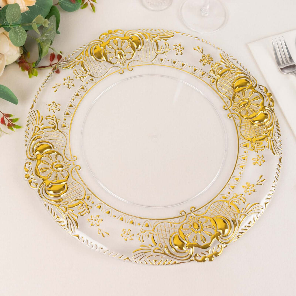 6 - Pack Plastic Round Charger Plates 13" in Clear with Gold Florentine Embossed Rim, Exquisite Dinner Serving Plates - Bell Racket Store