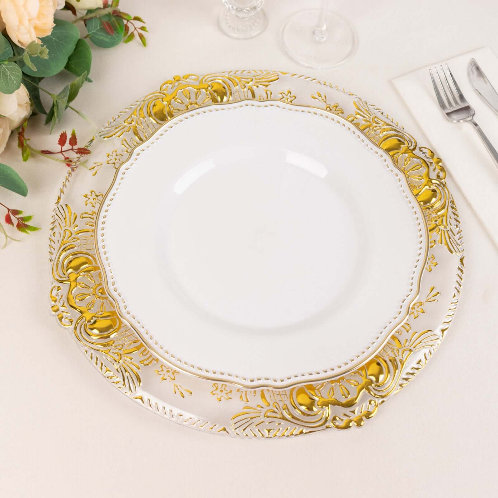 6 - Pack Plastic Round Charger Plates 13" in Clear with Gold Florentine Embossed Rim, Exquisite Dinner Serving Plates - Bell Racket Store