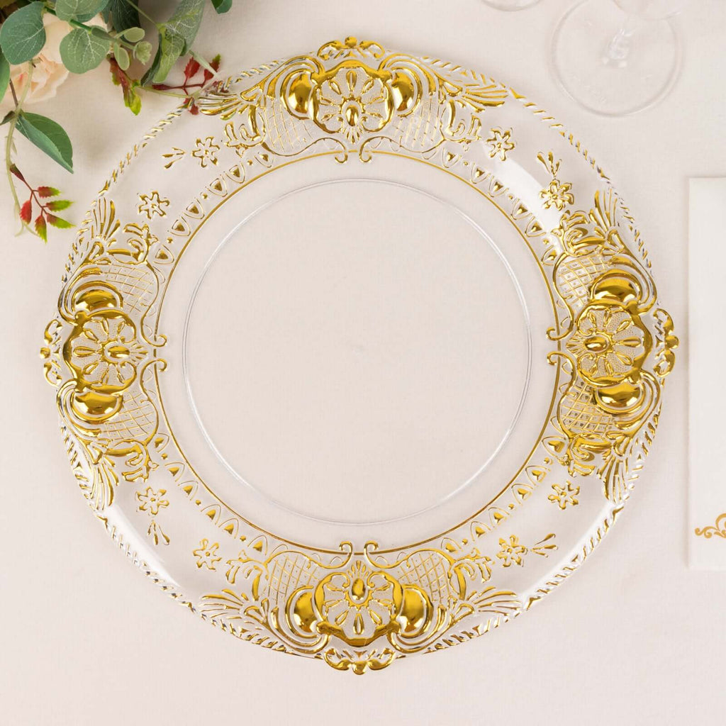 6 - Pack Plastic Round Charger Plates 13" in Clear with Gold Florentine Embossed Rim, Exquisite Dinner Serving Plates - Bell Racket Store