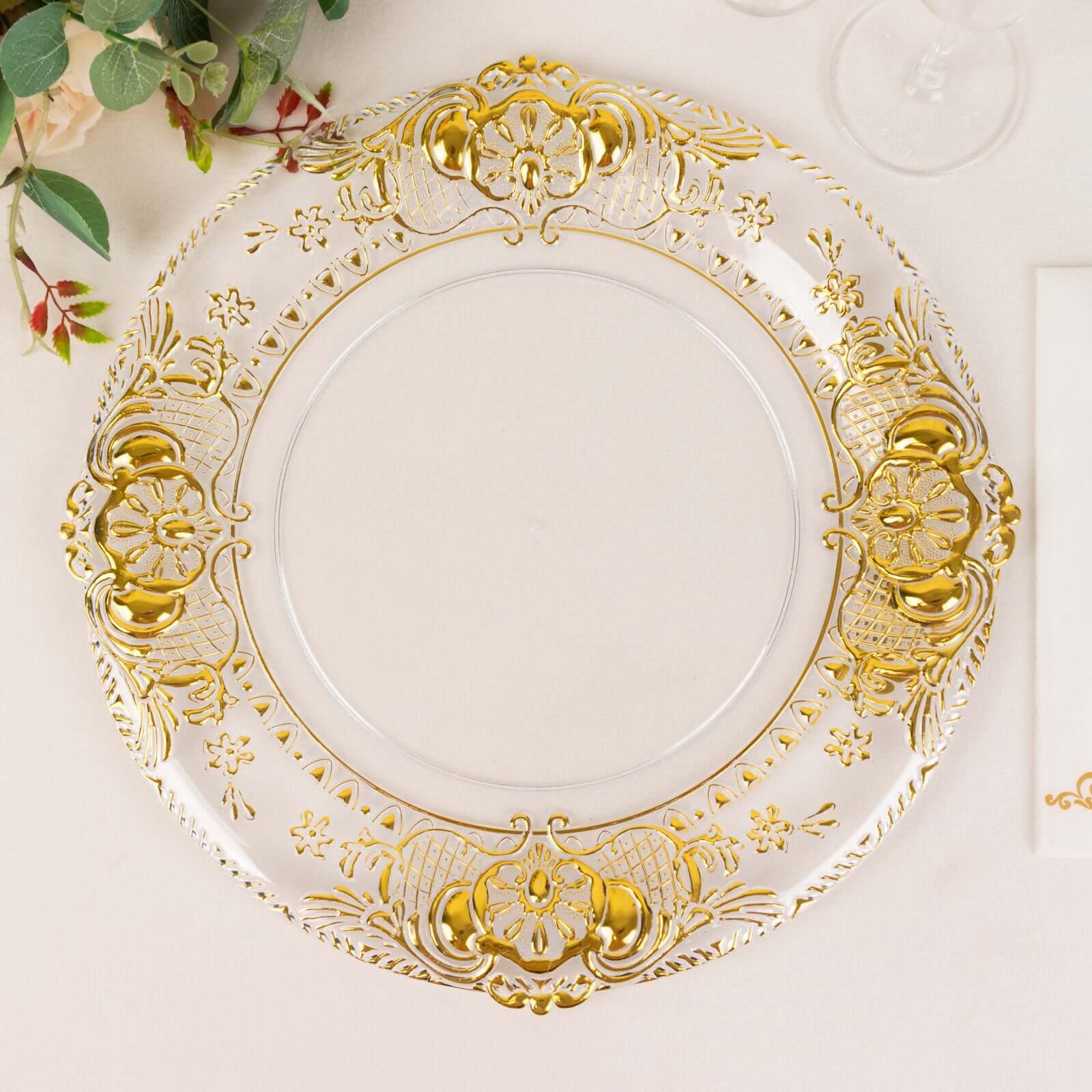 6 - Pack Plastic Round Charger Plates 13" in Clear with Gold Florentine Embossed Rim, Exquisite Dinner Serving Plates - Bell Racket Store