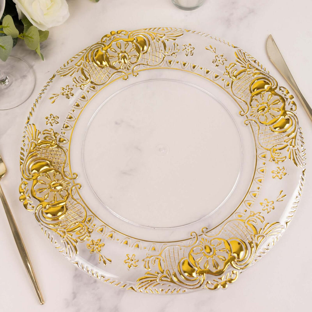 6 - Pack Plastic Round Charger Plates 13" in Clear with Gold Florentine Embossed Rim, Exquisite Dinner Serving Plates - Bell Racket Store
