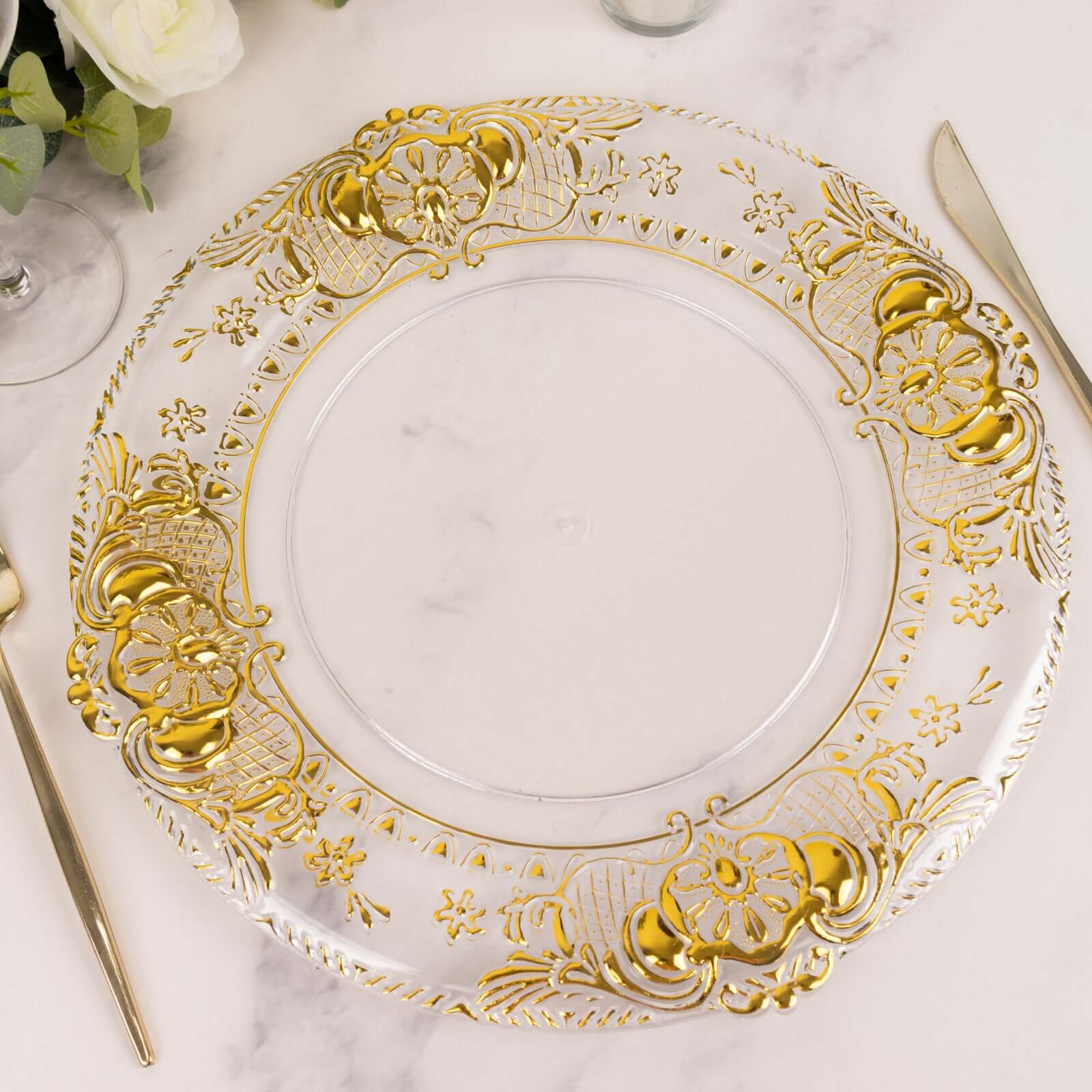 6 - Pack Plastic Round Charger Plates 13" in Clear with Gold Florentine Embossed Rim, Exquisite Dinner Serving Plates - Bell Racket Store