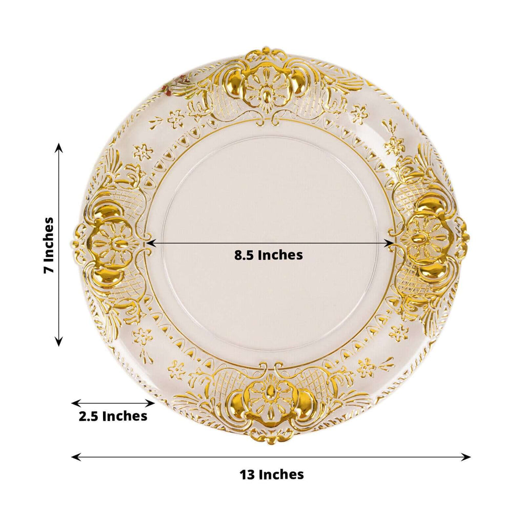 6 - Pack Plastic Round Charger Plates 13" in Clear with Gold Florentine Embossed Rim, Exquisite Dinner Serving Plates - Bell Racket Store